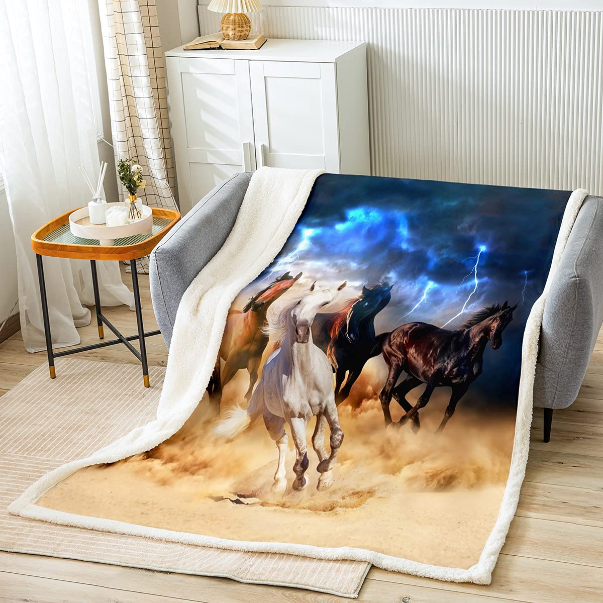 Galloping Horse Printed Sherpa Fleece Blanket - Ultra Soft 3D Wild Animal Throw for Bed, Sofa & Couch - Warm Fuzzy Blanket for Kids & Adults - Brown Horse Decor - Queen Size 90x90 Inches - Perfect for Cozy Nights, Winter Snuggles & Farmhouse Decor