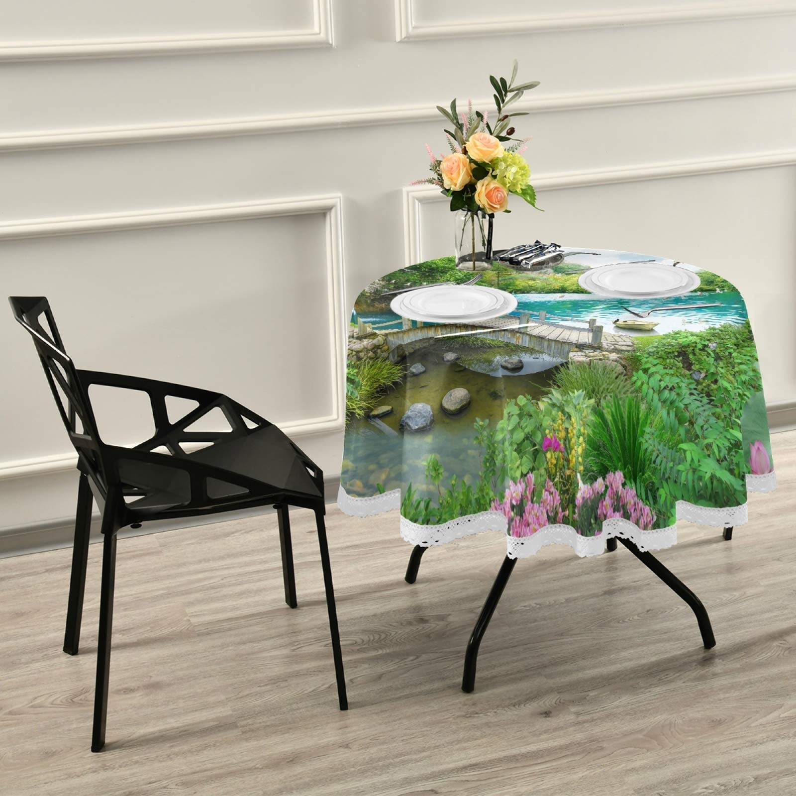 60 Inch Tropical Waterfall Floral Round Tablecloth - Washable Polyester Circular Table Cover for Kitchen, Dining, Party & Picnic Decor | Perfect for Outdoor Gatherings, Summer BBQs and Lakeside Dining