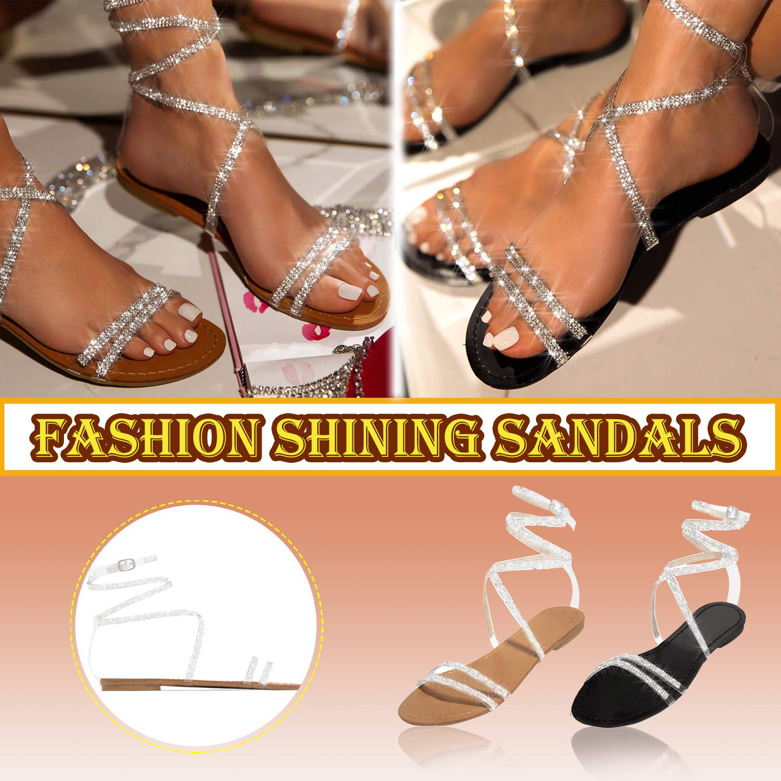 Elegant Women's Strappy Rhinestone Lace-Up Sandals - Open Toe Flat Dressy Summer Sandals for Weddings, Parties & Beach Vacations