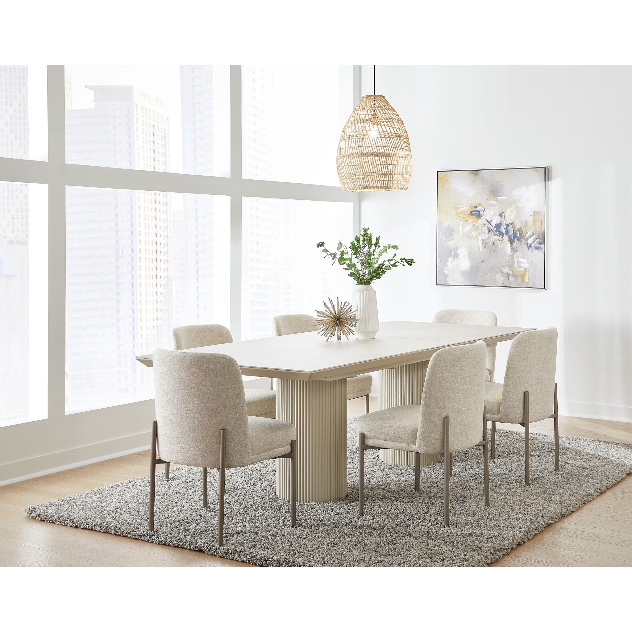 Cannon Stone Top Double Pedestal Extension Dining Table with Ivory Wood Base - Elegant Expandable Dining Table for Family Gatherings & Dinner Parties