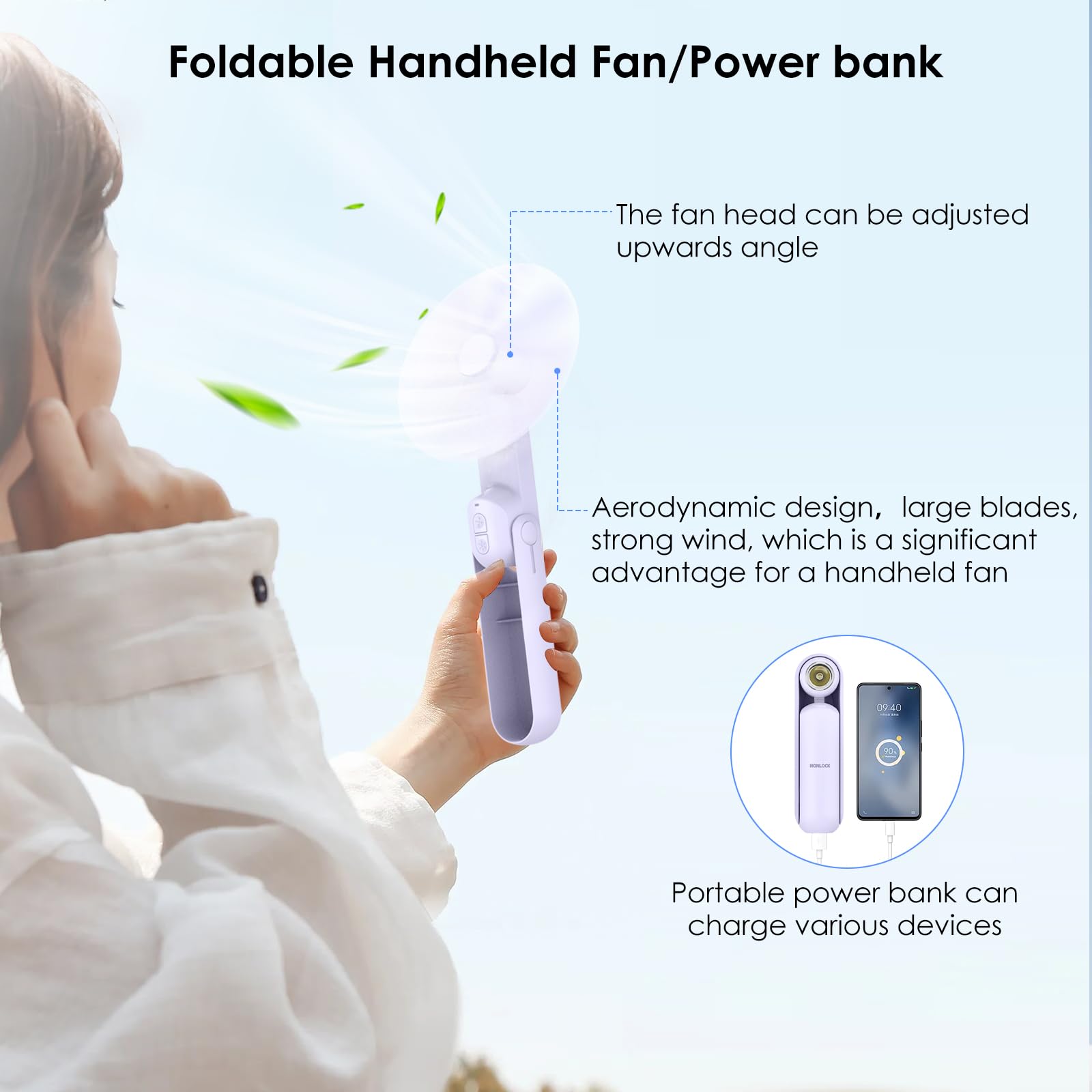 4 in 1 Portable Mini Handheld Fan with Flashlight, Power Bank & Table Lamp - Foldable Personal Cooling Fan for Women, Mom - Perfect for Camping, Travel, Beach & Birthday Gifts (Purple)
