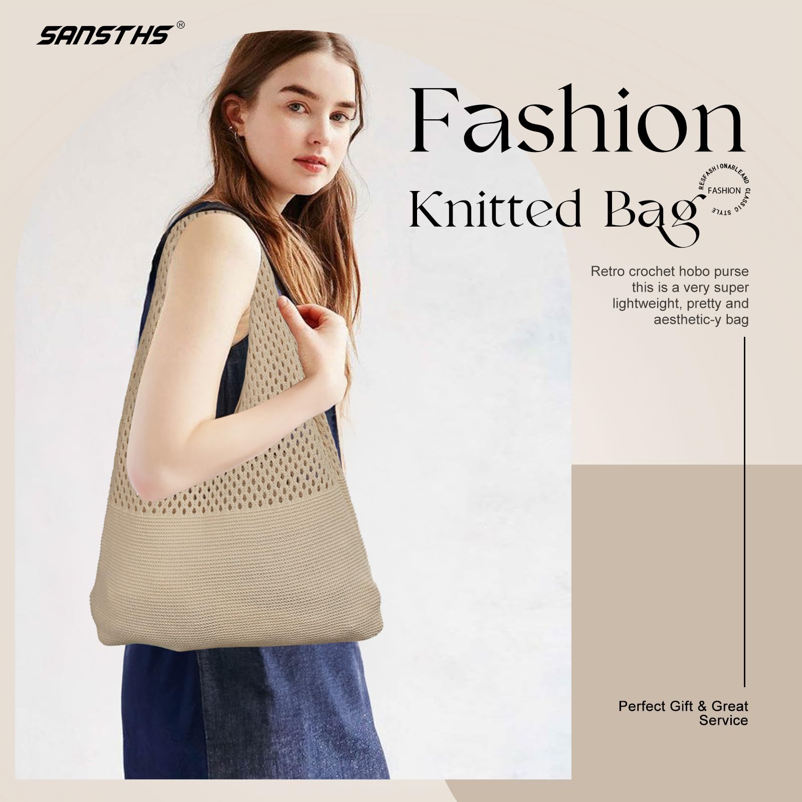 SANSTHS Crochet Mesh Beach Tote Bag - Retro Woven Hobo Shoulder Bag for Women | Summer Vacation, Pool Party & Shopping Tote