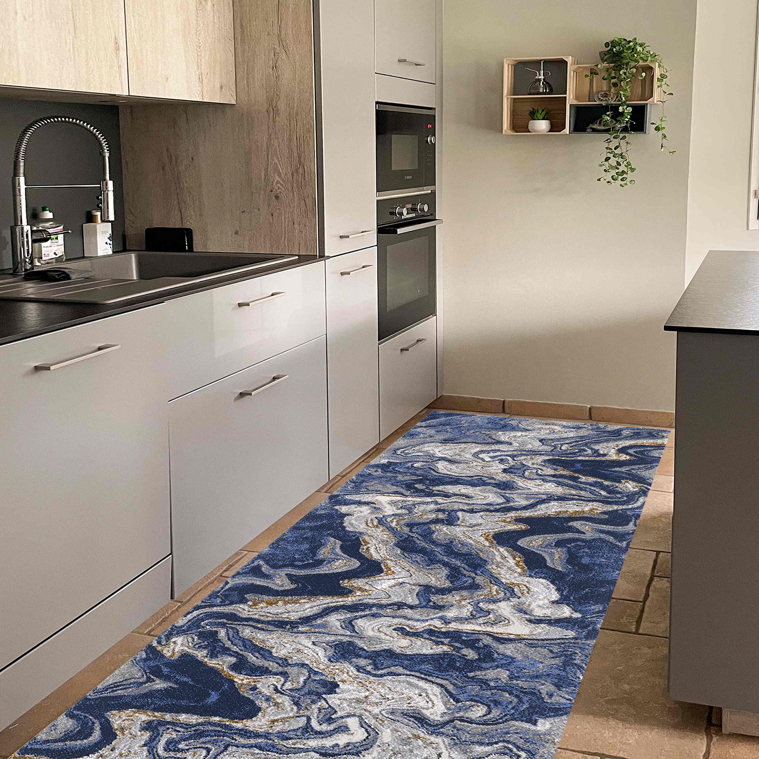 Boho Abstract Rugs with Marble Design - Mocha Gray, Navy Blue & Multi-Color Luxury Living Room Carpet | Ultra Soft Thick Pile Non-Shedding Rug for Home Decor | Perfect for Bohemian Style Living Rooms, Bedrooms & Office Spaces