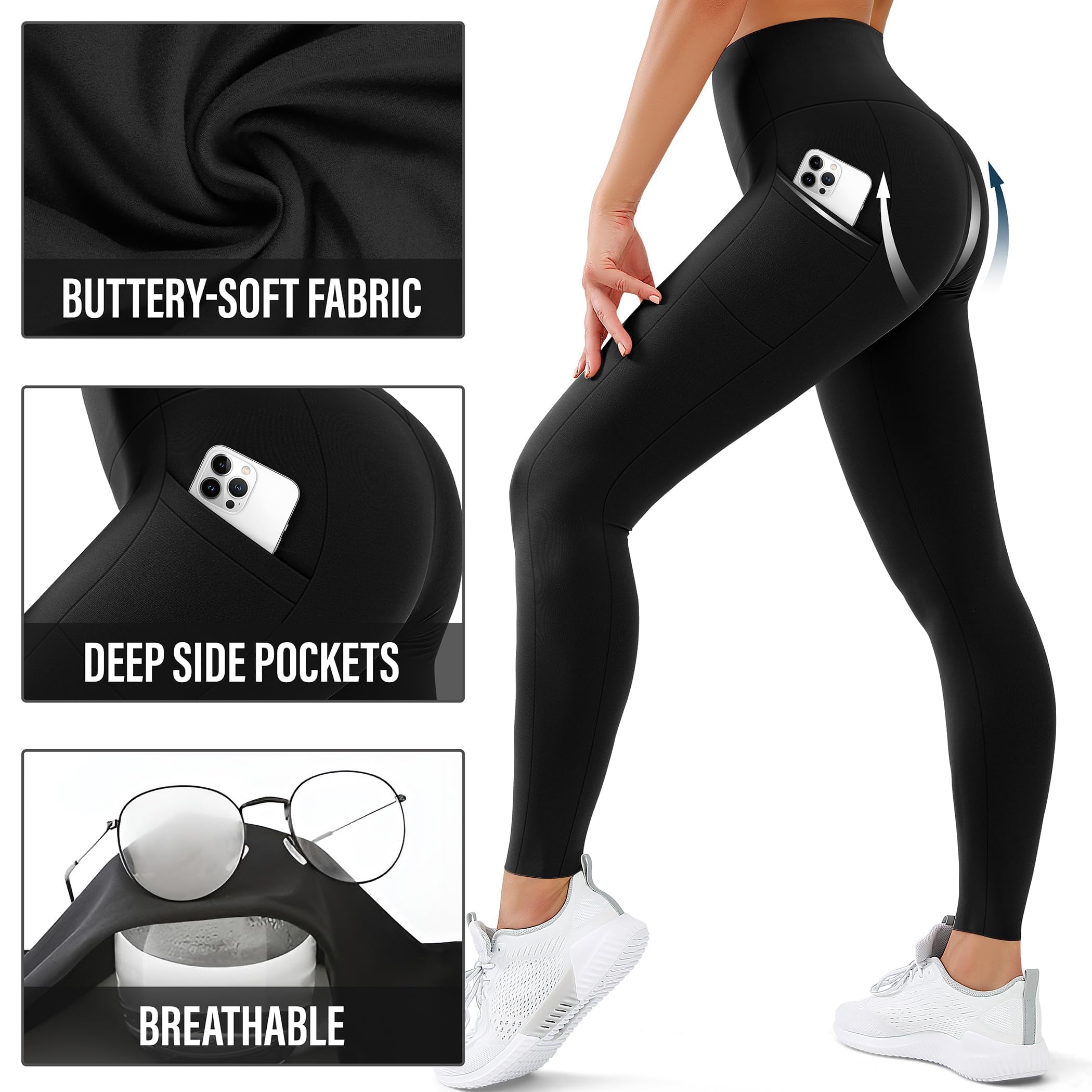 SUNCLOVE 3 Pack Women's High Waisted Yoga Pants with Pockets - Tummy Control Workout Leggings for Running, Gym & Lounge Wear