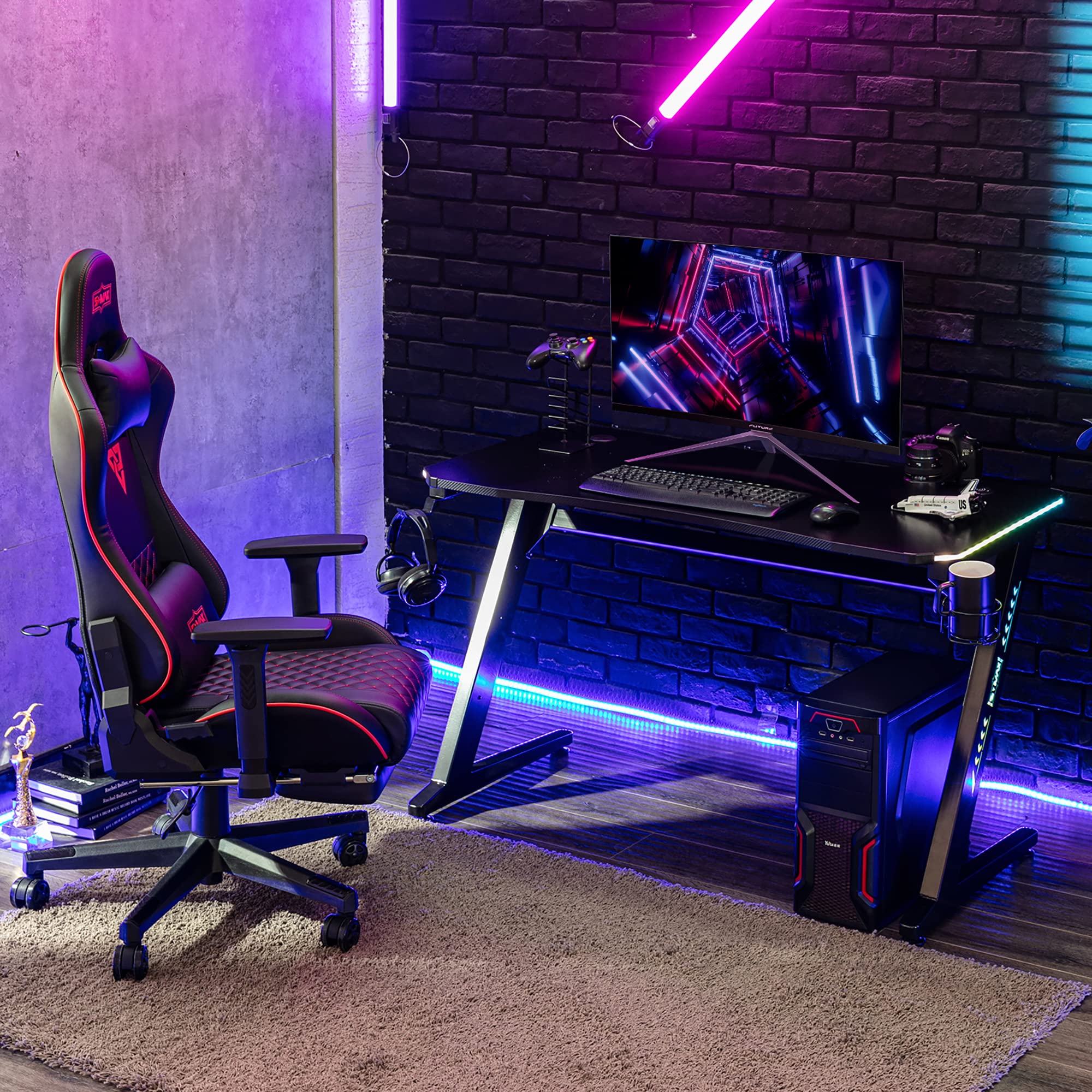 S*MAX 47 Inch Gaming Desk with LED RGB Lights, Carbon Fiber Finish, Wireless Charging & USB Ports - Z-Shaped Computer Desk for Home Office, Cup Holder & Headphone Hook - Perfect for PC Gaming, Streaming & Work Setup