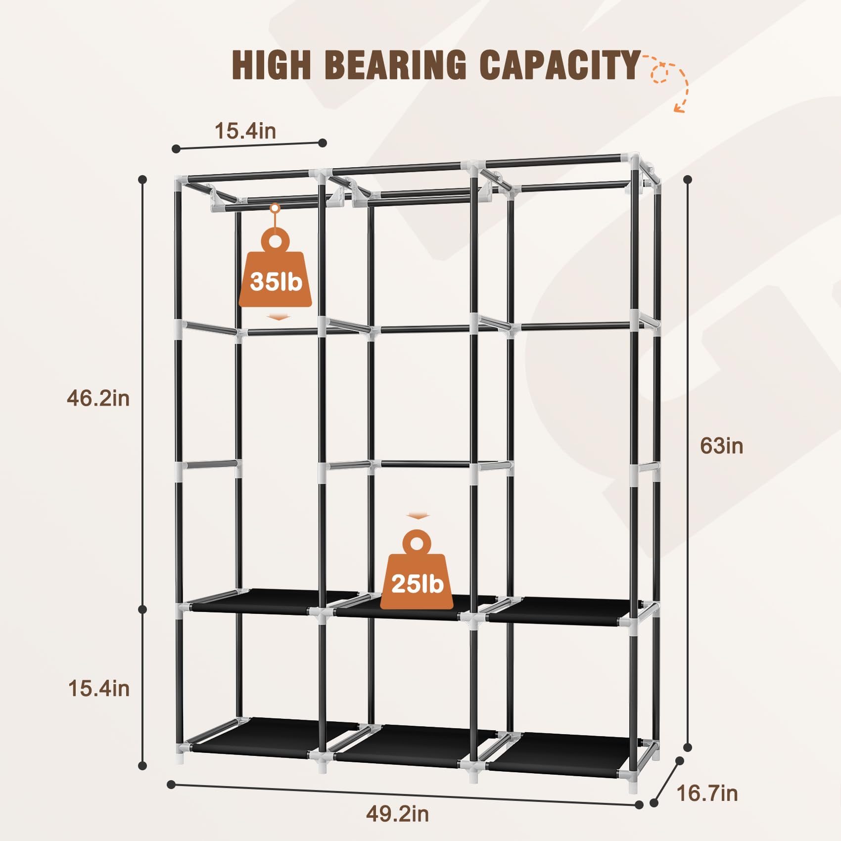 Portable Wardrobe Closet with Cover - Free Standing Clothes Rack with 3 Hanging Rods, 6 Storage Shelves & 2 Side Pockets for Bedroom, Dorm, Apartment - Space Saving Closet Organizer for Hanging Clothes & Storage