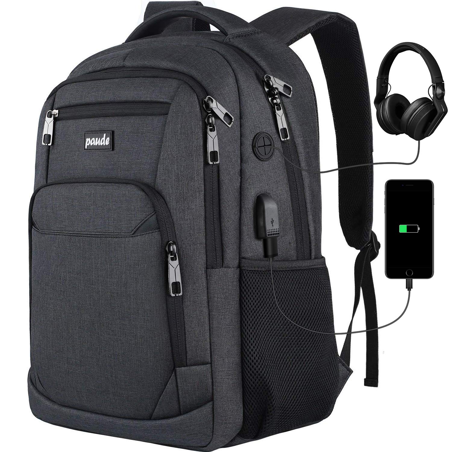 Paude Water-Resistant Backpack for Men & Women - 15.6 Inch Laptop Backpack with USB Charging Port - Durable School Backpack for Teens, College Students & Business Travel - Perfect for Work, Commuting & Outdoor Adventures