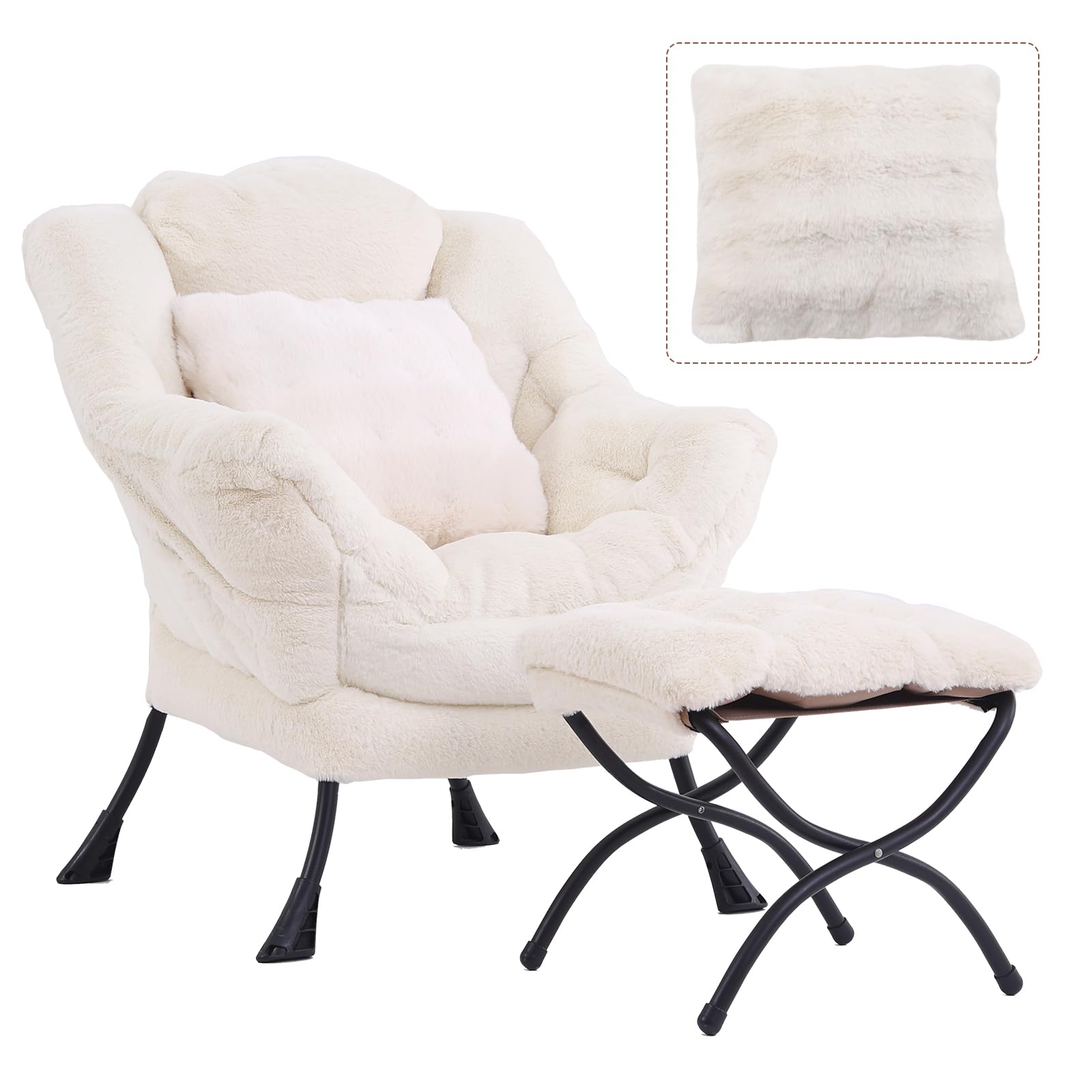Large Lazy Chair with Ottoman - Plush Beige Accent Reading Chair with Throw Pillow, Cozy Lounge Armchair for Living Room, Bedroom & Dorm | Perfect for Relaxing, Reading & Napping