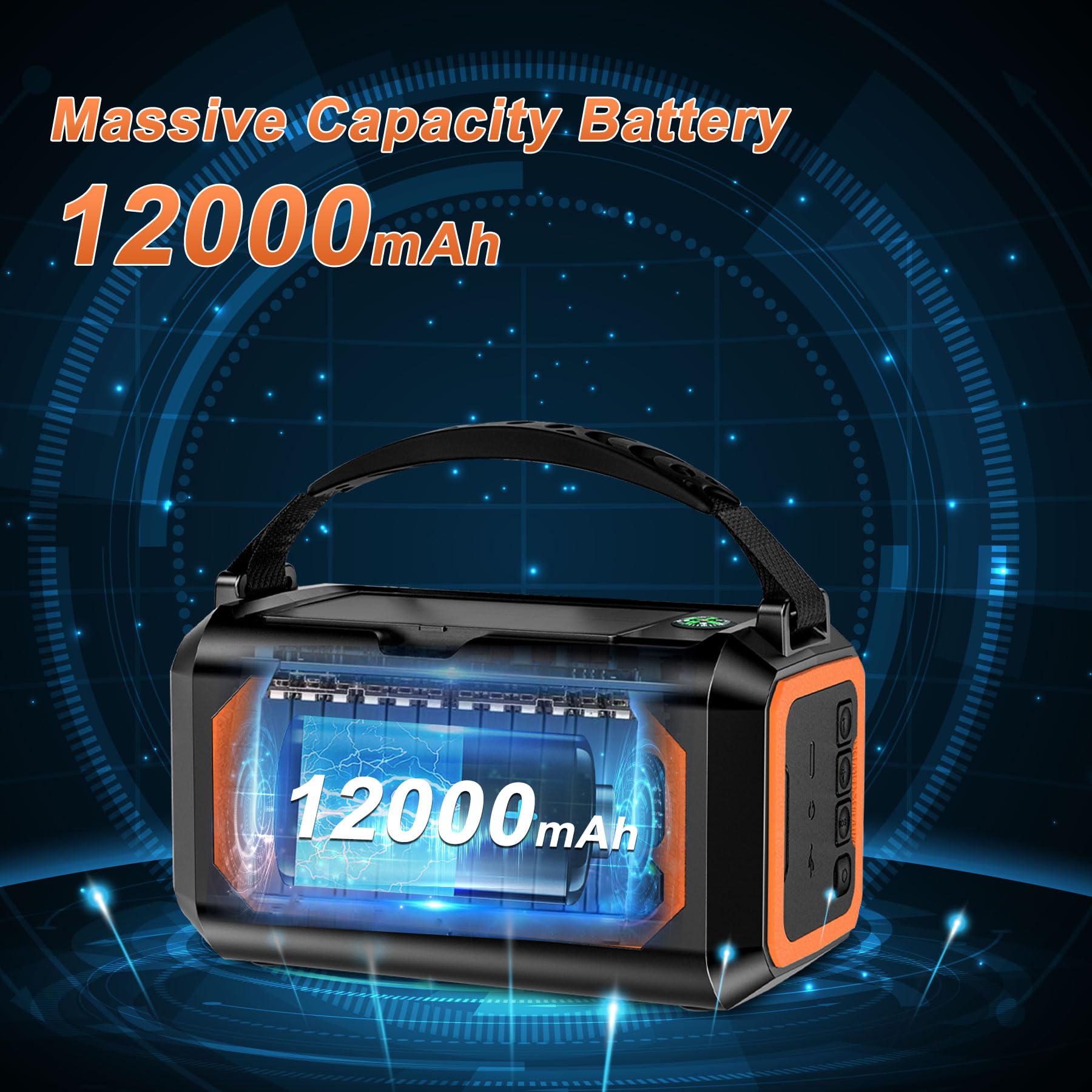 12000mAh Solar Hand Crank Emergency Radio with AM/FM/NOAA Weather Alert, USB Type-C Charging, LED Flashlight & Reading Lamp, SOS Alarm, Compass - Perfect for Outdoor Camping, Hiking and Emergency Preparedness (Orange)