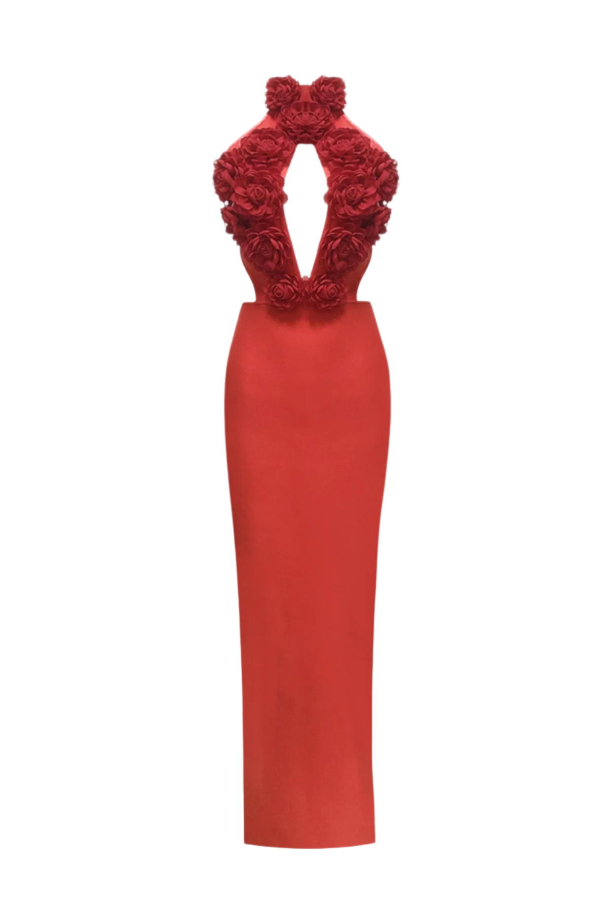 Datherine Floral Appliqué Halter Maxi Bandage Dress - Red | Elegant Bodycon Evening Gown for Women | Perfect for Parties, Weddings & Date Nights