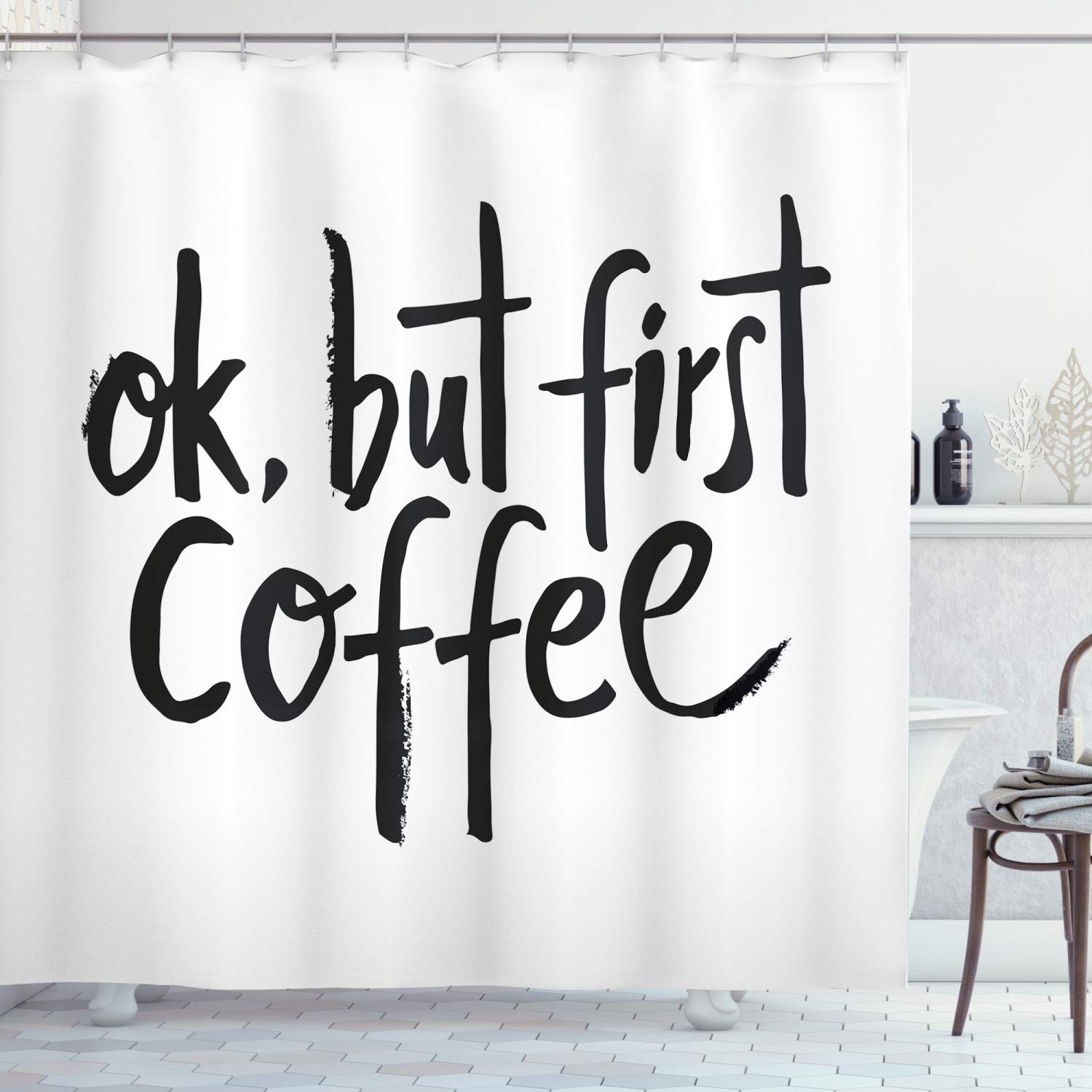Ambesonne Coffee Themed Shower Curtain - Monochrome Paintbrush Design with 'But First Coffee' Quote, 69x84 Inch Fabric Bathroom Decor Set with Hooks in Charcoal Grey & White - Perfect for Coffee Lovers' Bathroom & Kitchen Decor