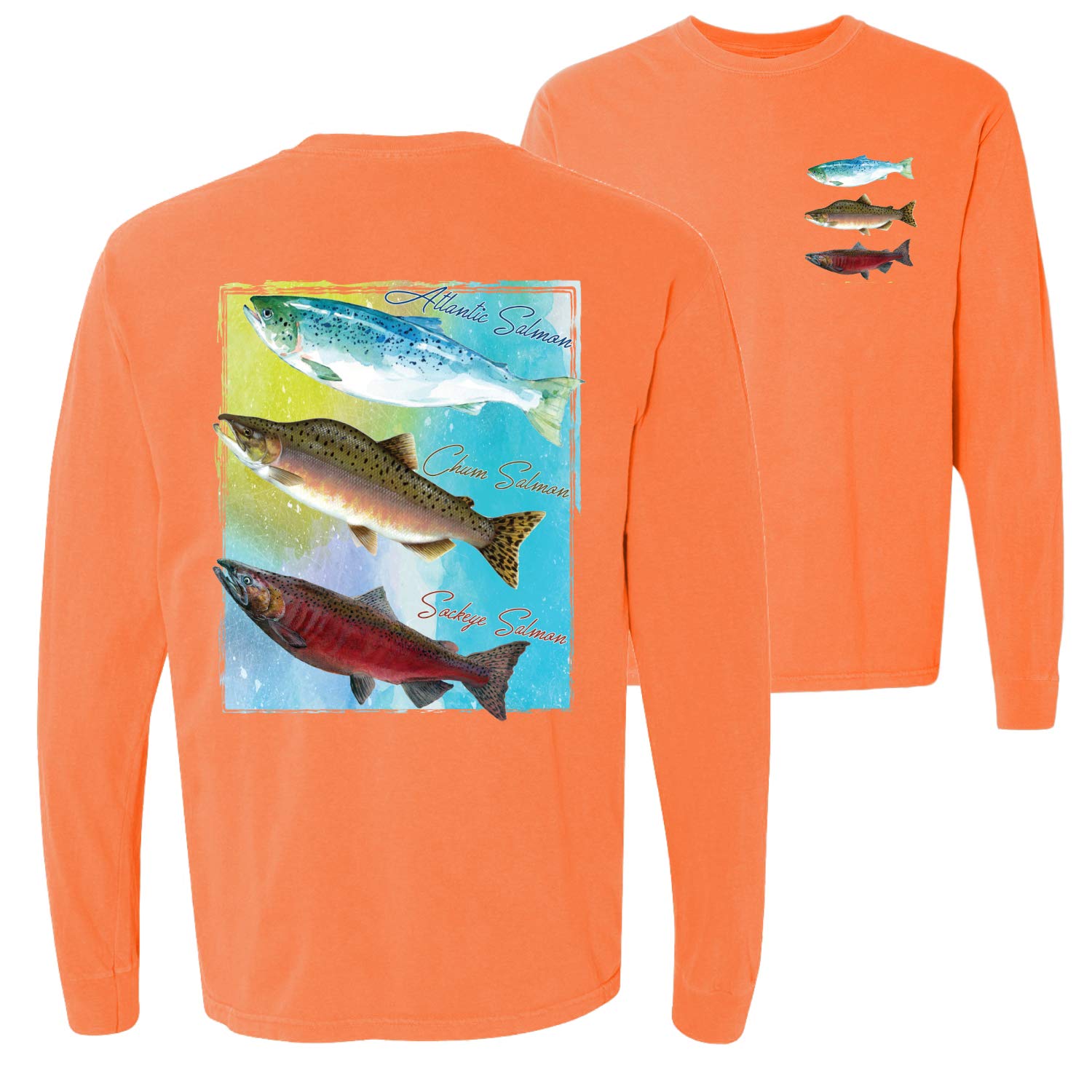 Atlantic Chum Sockeye Salmon Fishing Trio Graphic - Vintage Washed Long Sleeve T-Shirt for Men - Perfect for Outdoor Fishing Trips & Casual Wear