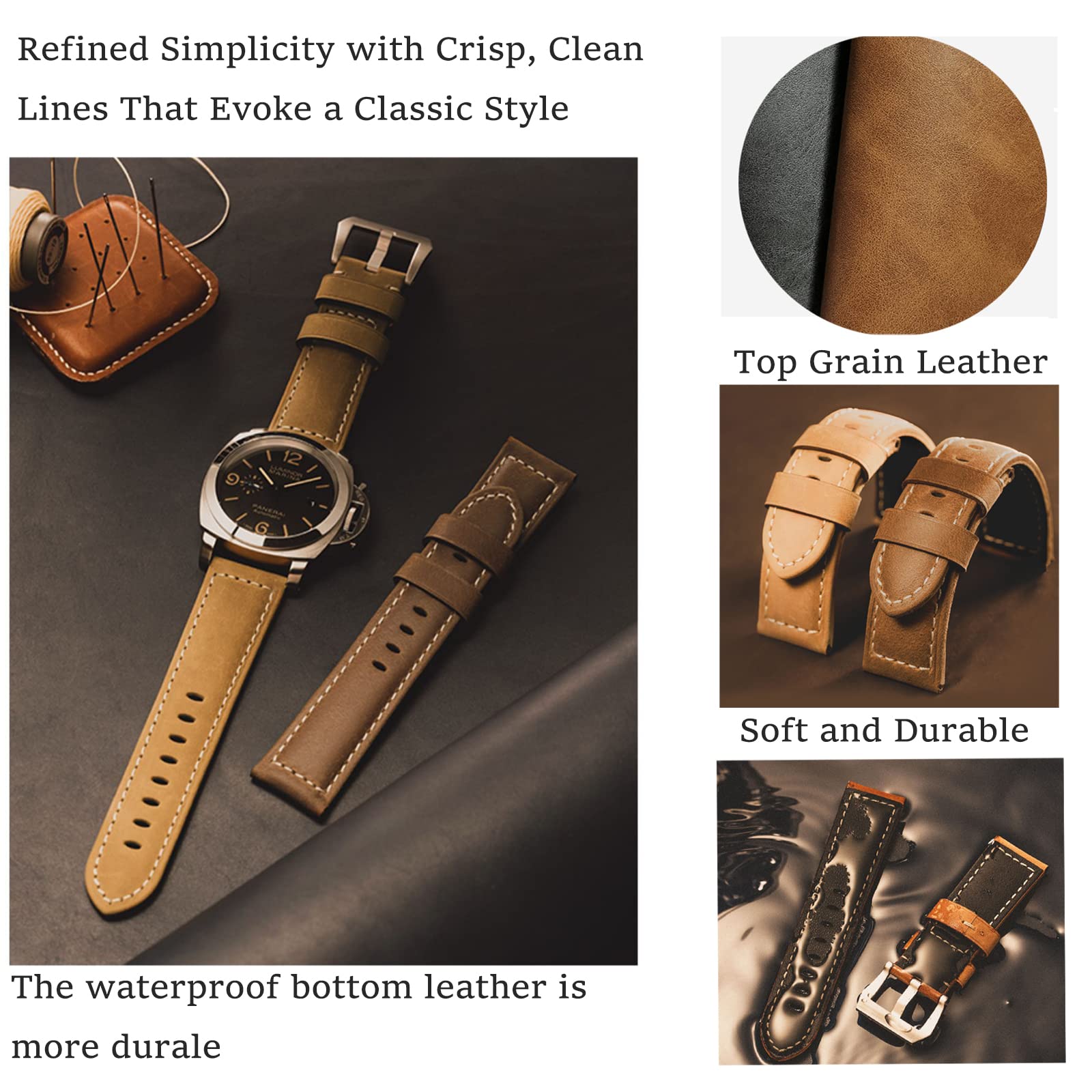 Leather Watch Bands for Men - Vintage Top Grain Genuine Leather Watch Strap Compatible with Panerai, 20mm 22mm 24mm 26mm Replacement Band - Perfect for Casual, Business & Dress Watches