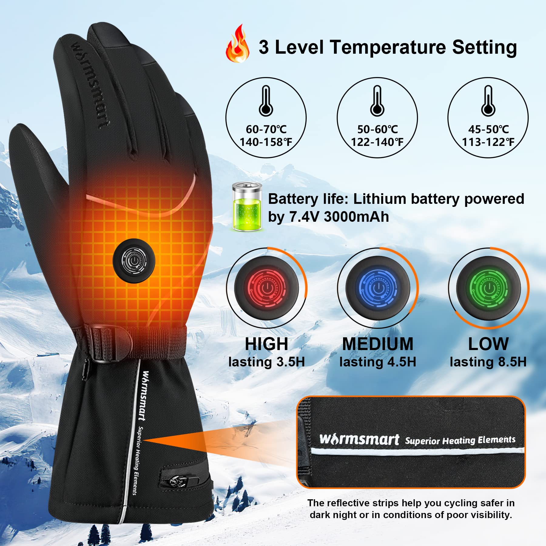 Rechargeable Heated Gloves for Men & Women - 7.4V Battery, 3M Thinsulate Insulation, 3 Heating Levels, Touchscreen Compatible - Perfect for Skiing, Snowboarding, Ice Skating, Winter Camping & Motorcycle Riding
