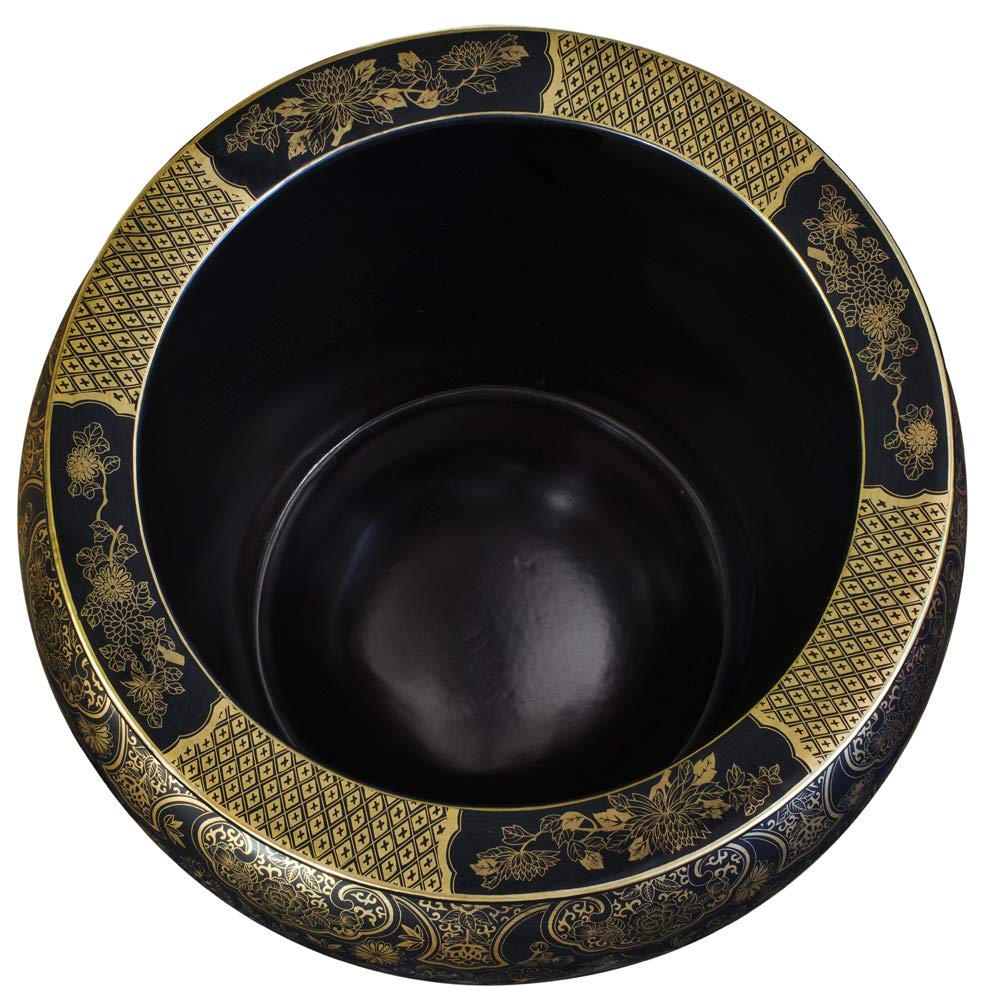 17 Inch Black and Gold Gilded Porcelain Chinese Fishbowl Planter with Leaves and Vines Motif - Perfect for Home Decor, Office Plants, and Aquatic Displays