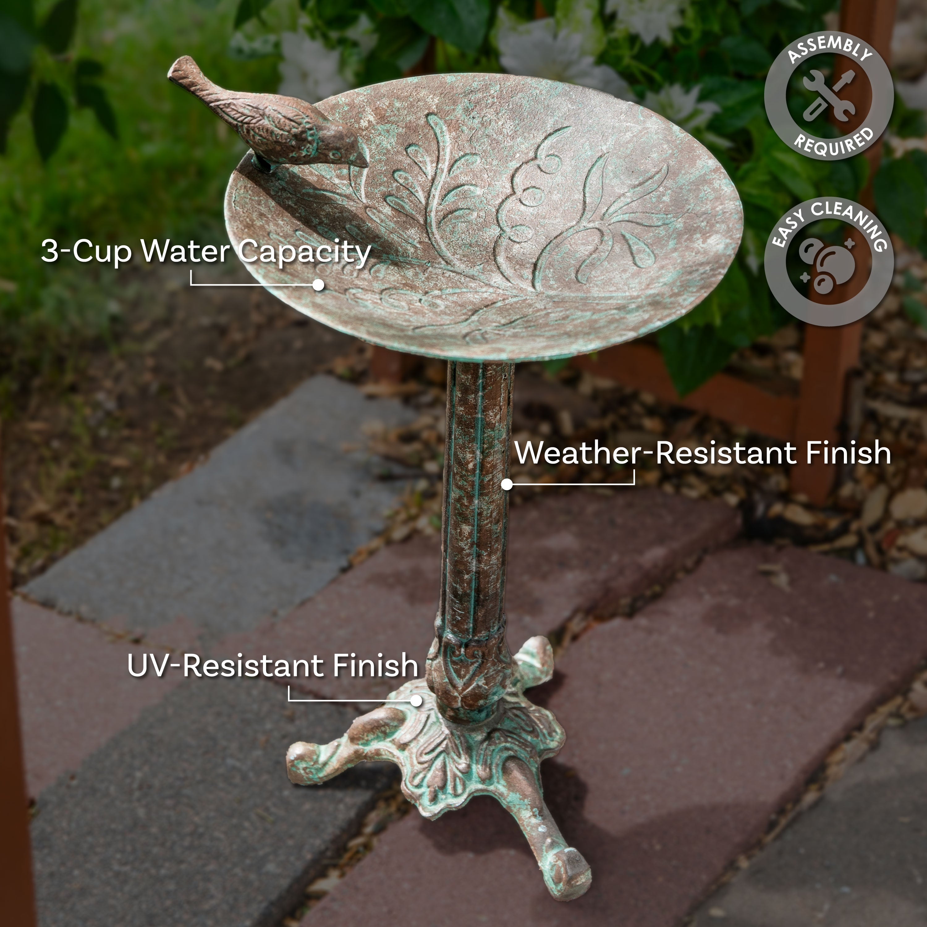 Rustic Patina Sunnydaze Ivy & Sage Metal Bird Bath - 12.25 Inch Outdoor Garden Decor for Birds & Wildlife
