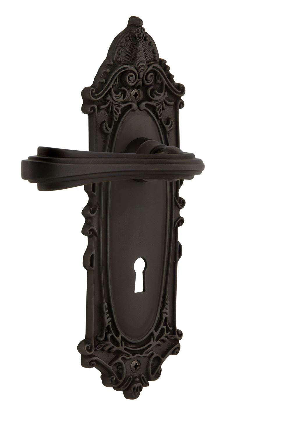 Nostalgic Warehouse Victorian Plate Passage Door Knob with Keyhole Fleur Lever in Oil-Rubbed Bronze - Perfect for Vintage Home Decor & Historical Building Restoration