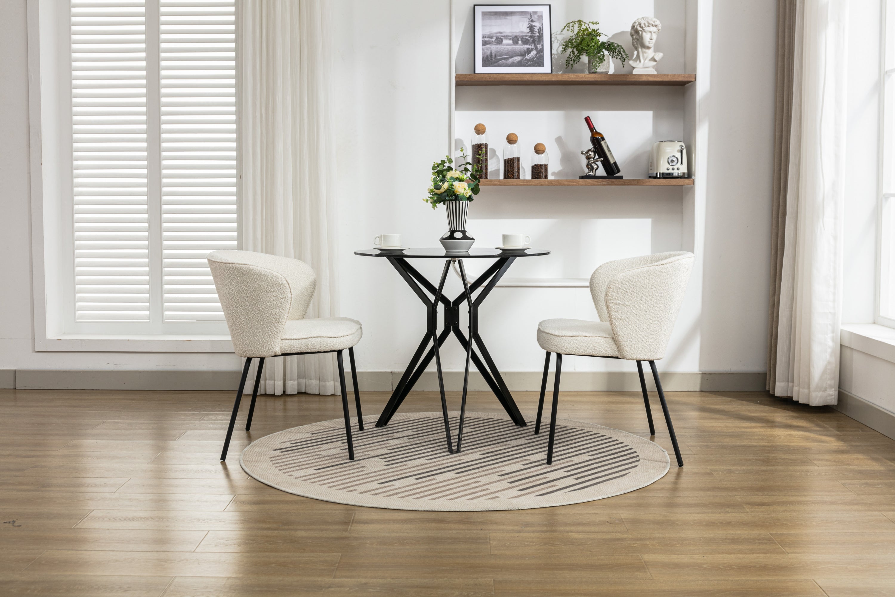 Boucle Fabric Dining Chairs Set of 2 with Black Metal Legs in Ivory - Modern Comfortable Kitchen & Dining Room Seating for Home & Office