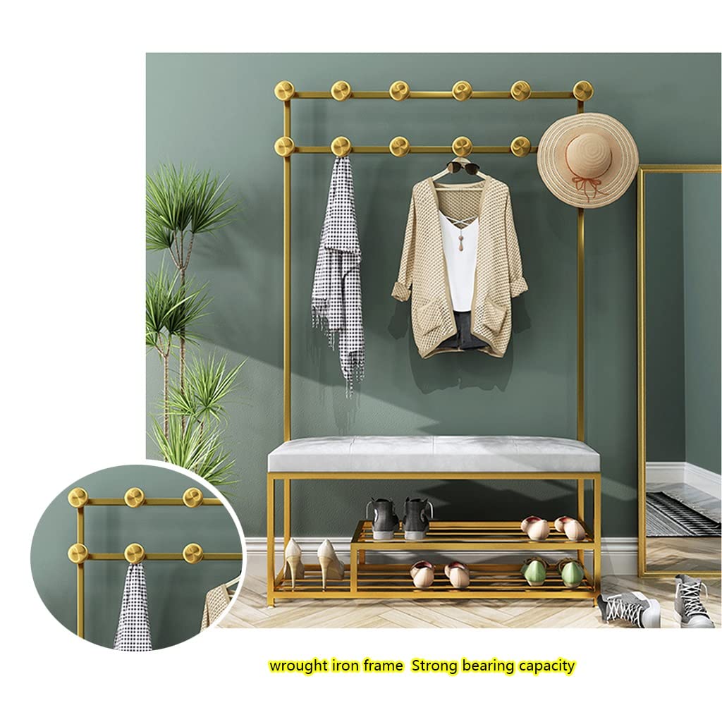 4-in-1 Hall Tree Entryway Organizer - Coat Rack, Shoe Bench with 2-Tier Storage Shelves & Hooks - Multifunctional Iron Art Storage Shelf for Living Room, Bathroom, Bedroom (Gold, 80x35x175cm) - Perfect for Small Spaces & Entryway Organization