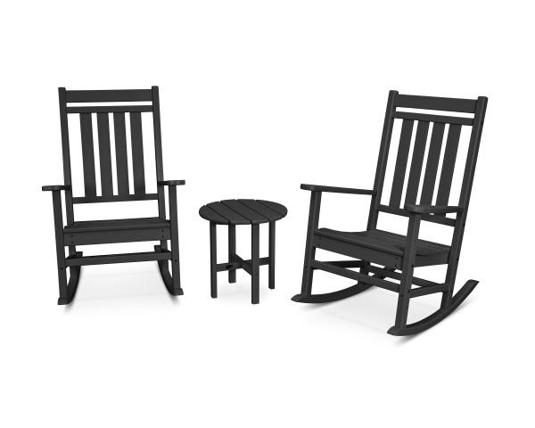 Polywood Black Estate 3-Piece Rocking Chair Set - Durable Outdoor Patio Furniture for Garden, Porch & Backyard Relaxation