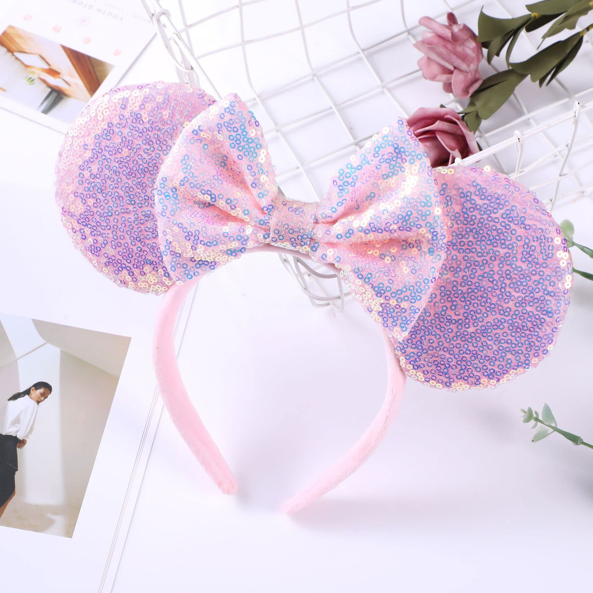 Sparkly Pink Mouse Ears Headband for Women - Glitter Sequin Bow Hairband for Disney Trips, Birthday Parties, Princess Costumes & Themed Events (One Size)