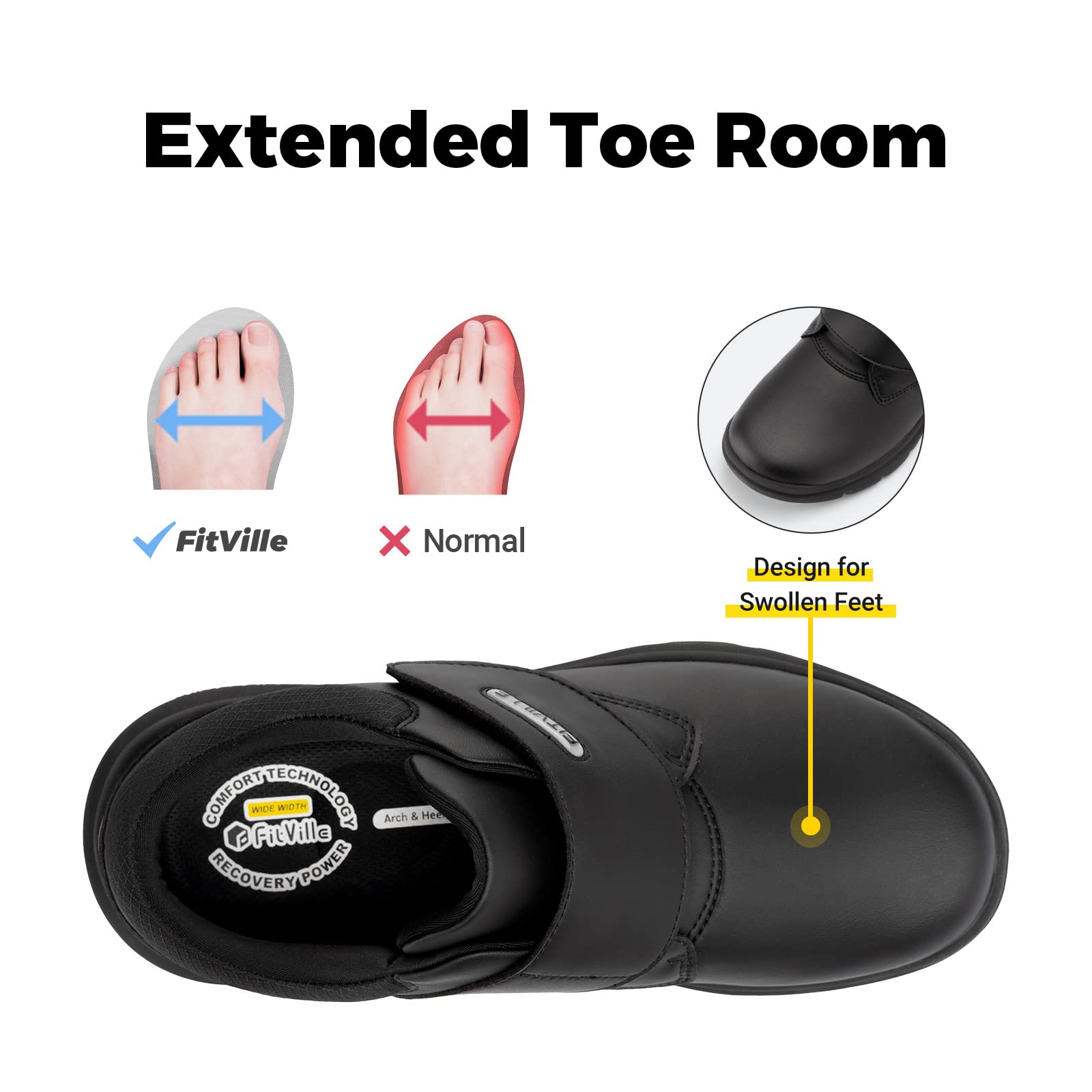 FitVille Men's Extra Wide Diabetic Shoes - Slip-On Walking Shoes for Edema & Swollen Feet - Hook & Loop Leather Oxford Shoes for Recovery & Comfort - Ideal for Daily Walking, Work & Medical Needs