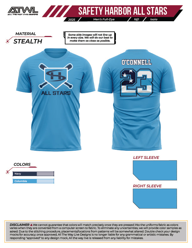 Safety Harbor All Stars Columbia Full Dye Baseball Jersey - Breathable Performance Jersey for Youth & Adult Baseball Games, Practices, and Team Uniforms