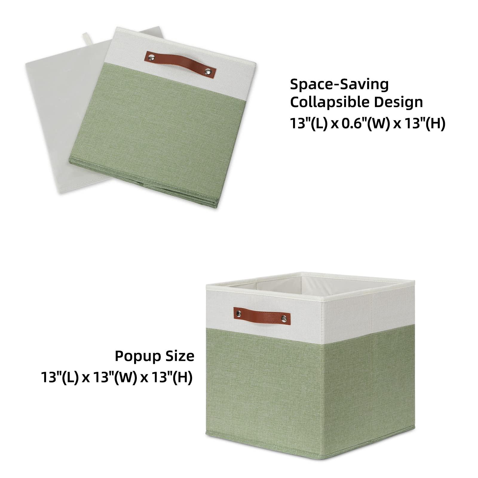 HNZIGE 13x13 Inch Fabric Cube Storage Bins Set of 4 - Collapsible Canvas Storage Baskets for Shelves, Closet Organizer, Nursery, Toy Storage - Green & White - Perfect for Home Organization, Kids Room & Office Storage