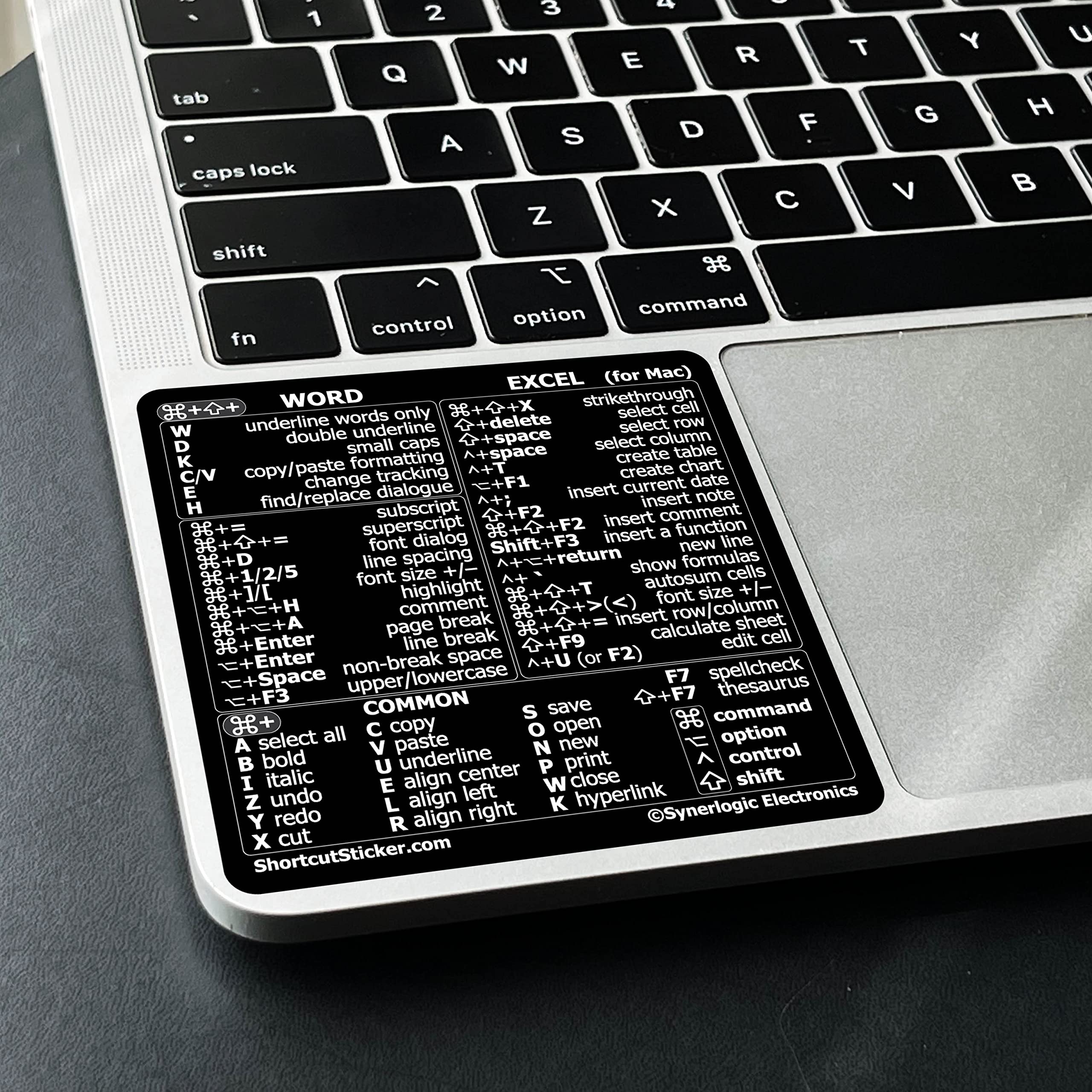 Synerlogic 100-Piece Mac Word & Excel Shortcuts Cheat Sheet Stickers | Keyboard Shortcut Reference Guide for MacBook Air/Pro | Black Design - Perfect for Office Work, Coding & Productivity Boost