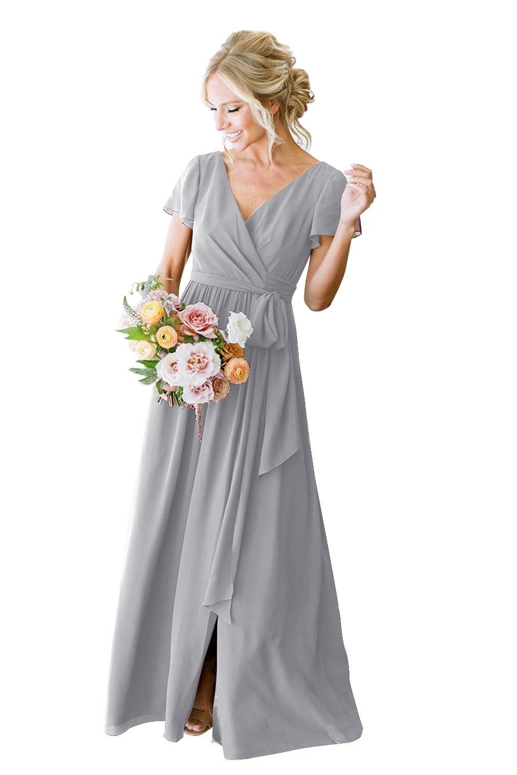 Elegant A-Line Chiffon Bridesmaid Dresses with Pockets & Short Sleeves – Perfect for Weddings, Formal Parties, and Special Occasions