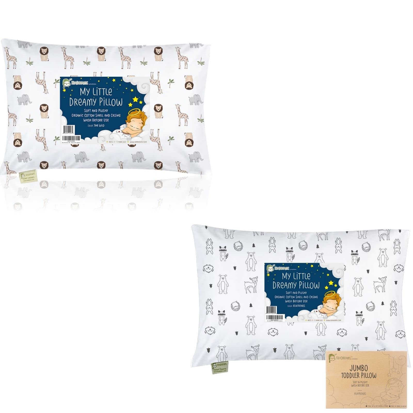 KeaBabies Organic Cotton Toddler Pillow Set - 13x18 & 14x20 Inch Kids Pillows for Sleeping (The Wild & KeaFriends) - Soft Hypoallergenic Baby Pillow for Nursery, Daycare, Travel & Toddler Bed