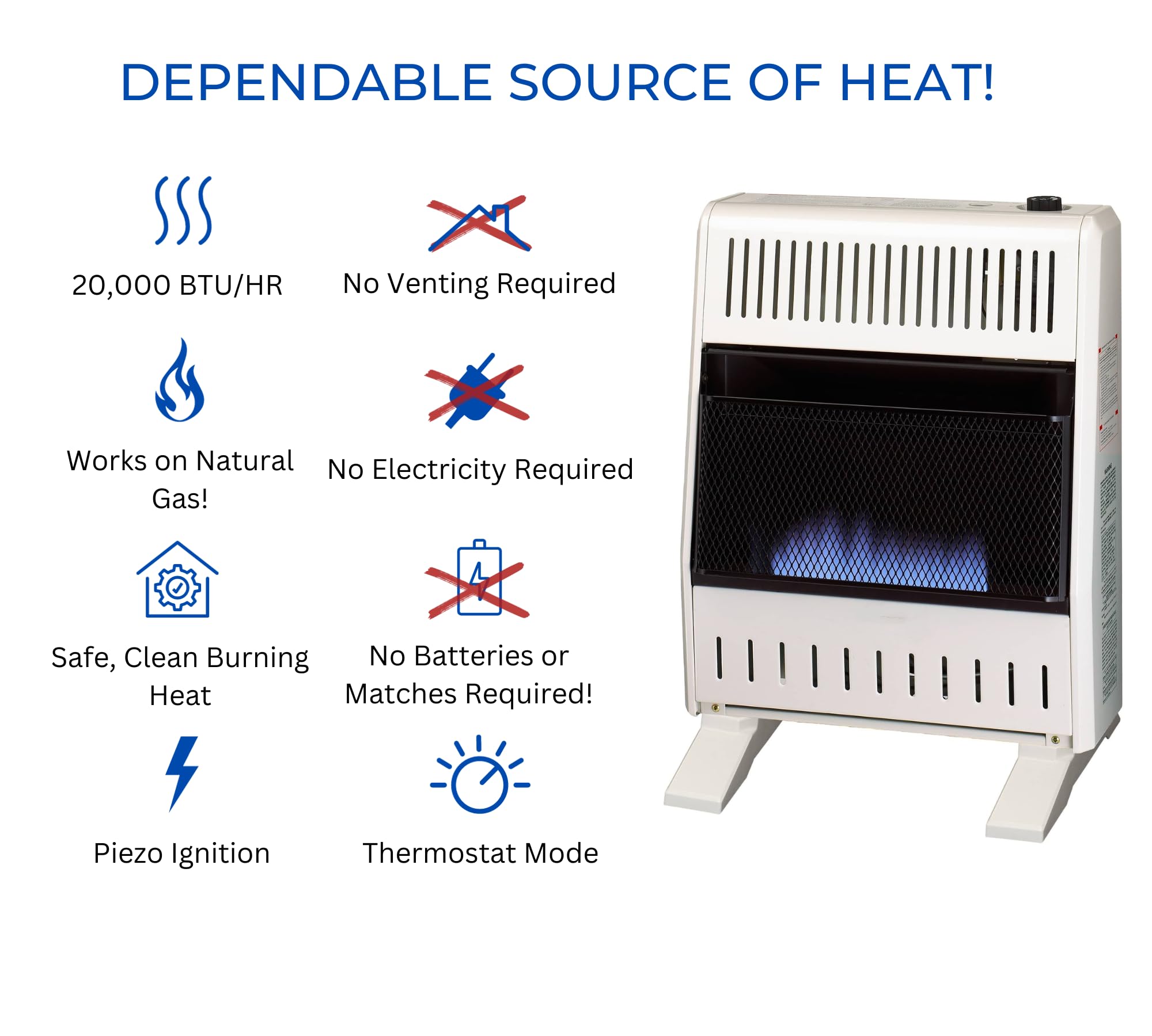 ProCom MN200TBA-B Ventless Natural Gas Blue Flame Space Heater with Thermostat - 20000 BTU for Home, Office & Garage - Heats Up to 950 Sq Ft - Includes Wall Mount & Base Feet - White - Perfect for Basements, Workshops & Large Rooms