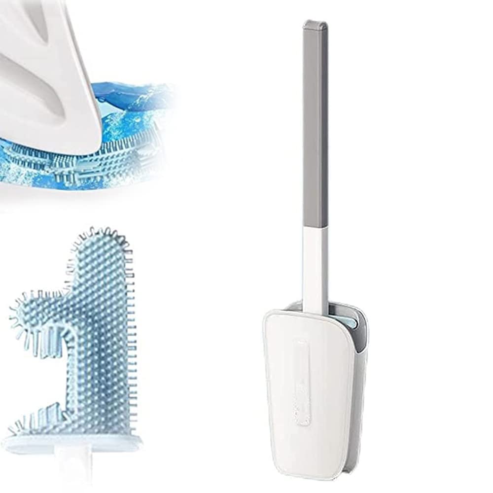 Long Handle Silicone Toilet Brush with Holder - Flexible No-Slip Toilet Bowl Cleaner, Under-Rim Cleaning Head for Hard-to-Reach Areas (1PC, White) | Bathroom Cleaning Essentials for Home & Office Use