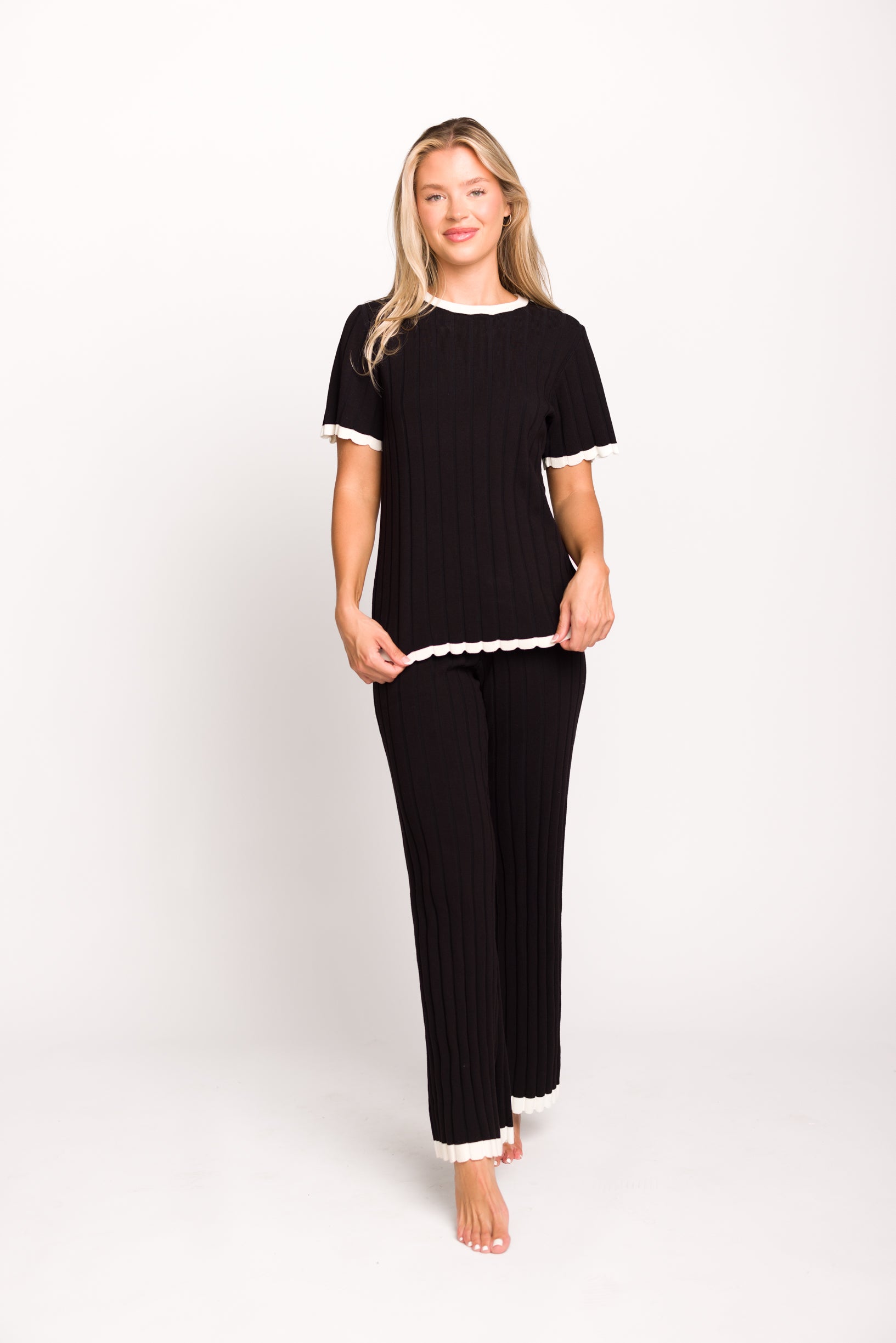 Adele Ribbed Knit Top and Pants Set - Women's Black Stretch Outfit for Casual Wear, Lounge & Fall Fashion