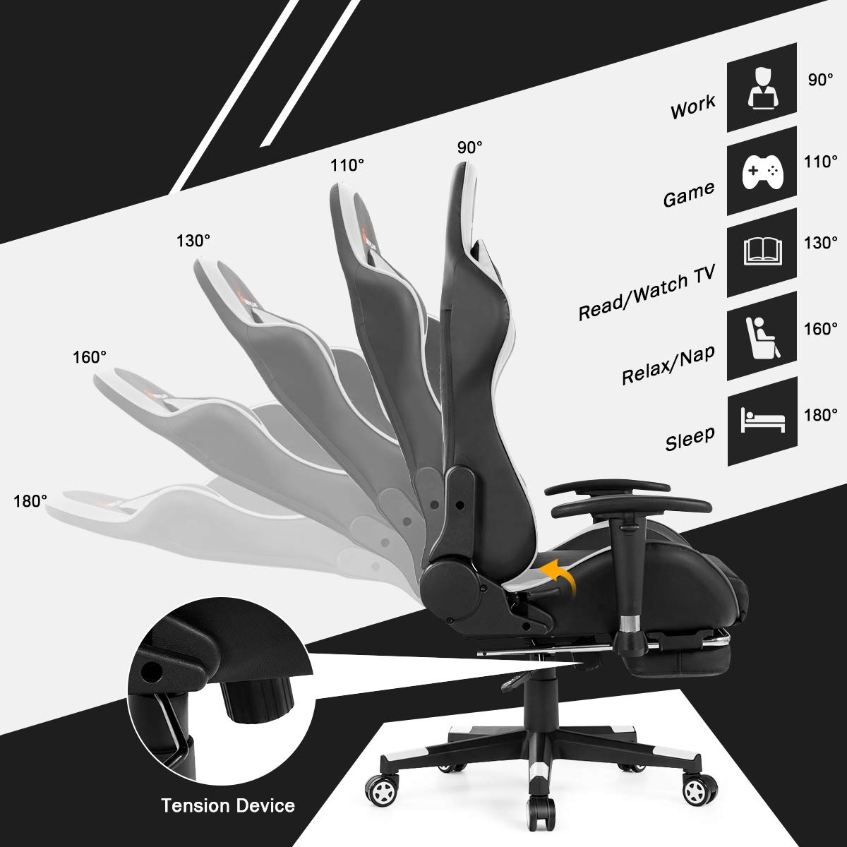 **POWERSTONE Ergonomic Gaming Chair with Adjustable Footrest & Lumbar Massage - Racing Style Computer Desk Chair for PC & Console Gamers - Reclining Office Chair with Headrest & Adjustable Armrests (Black & White) - Perfect for Long Gaming Sessions, Work from Home & Esports**