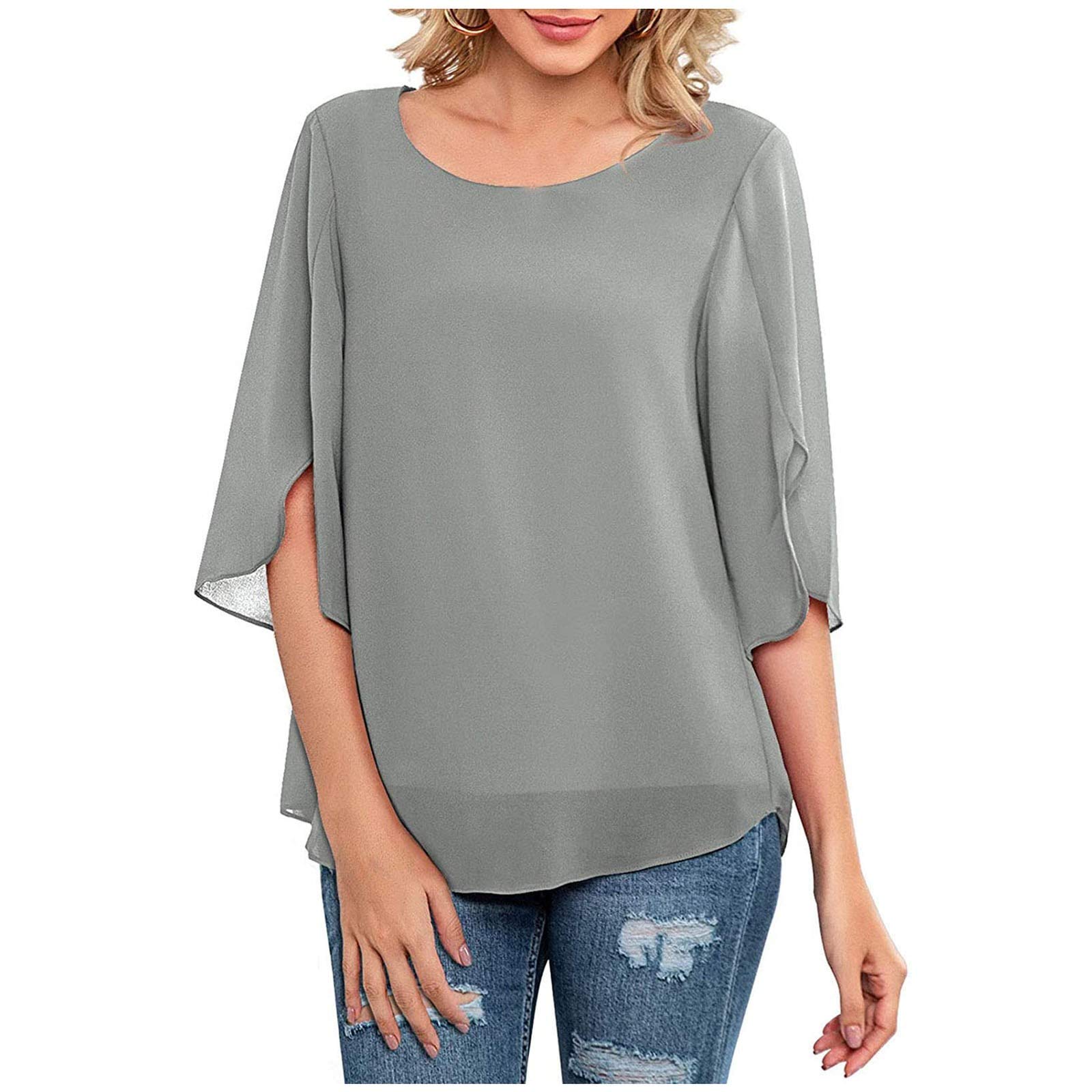 Women's Short Sleeve Work Tops - Crewneck Slit Blouses, Flowy Dressy Shirts, Oversized Pullover for Summer | Office Wear & Casual Outfits
