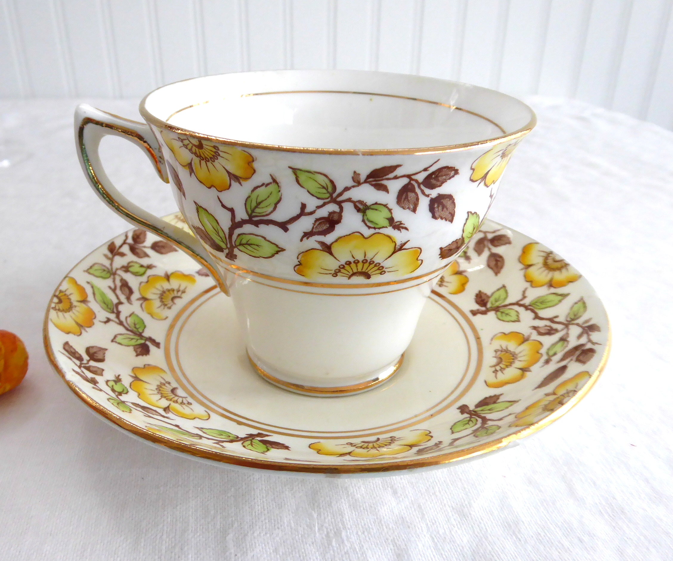 Vintage Rosina England Hand-Painted Floral Tea Cup and Saucer Set - Yellow Dog Roses Brown Transferware for Afternoon Tea, Collectible English Bone China