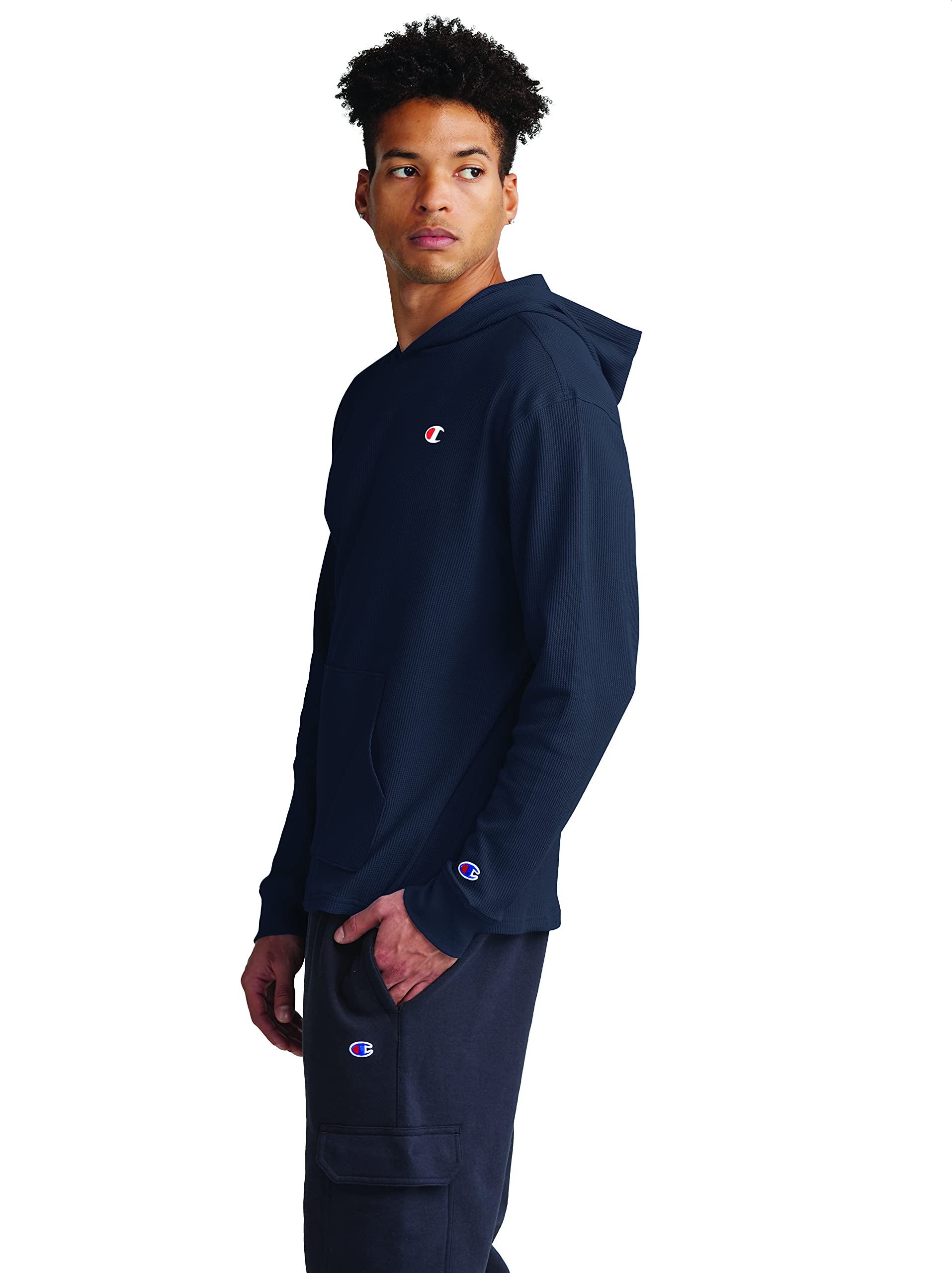 Champion Men's Waffle Knit Hoodie - Soft Cotton Logo Pullover Sweatshirt with Adjustable Hood | Casual Streetwear for Gym, Running & Everyday Wear