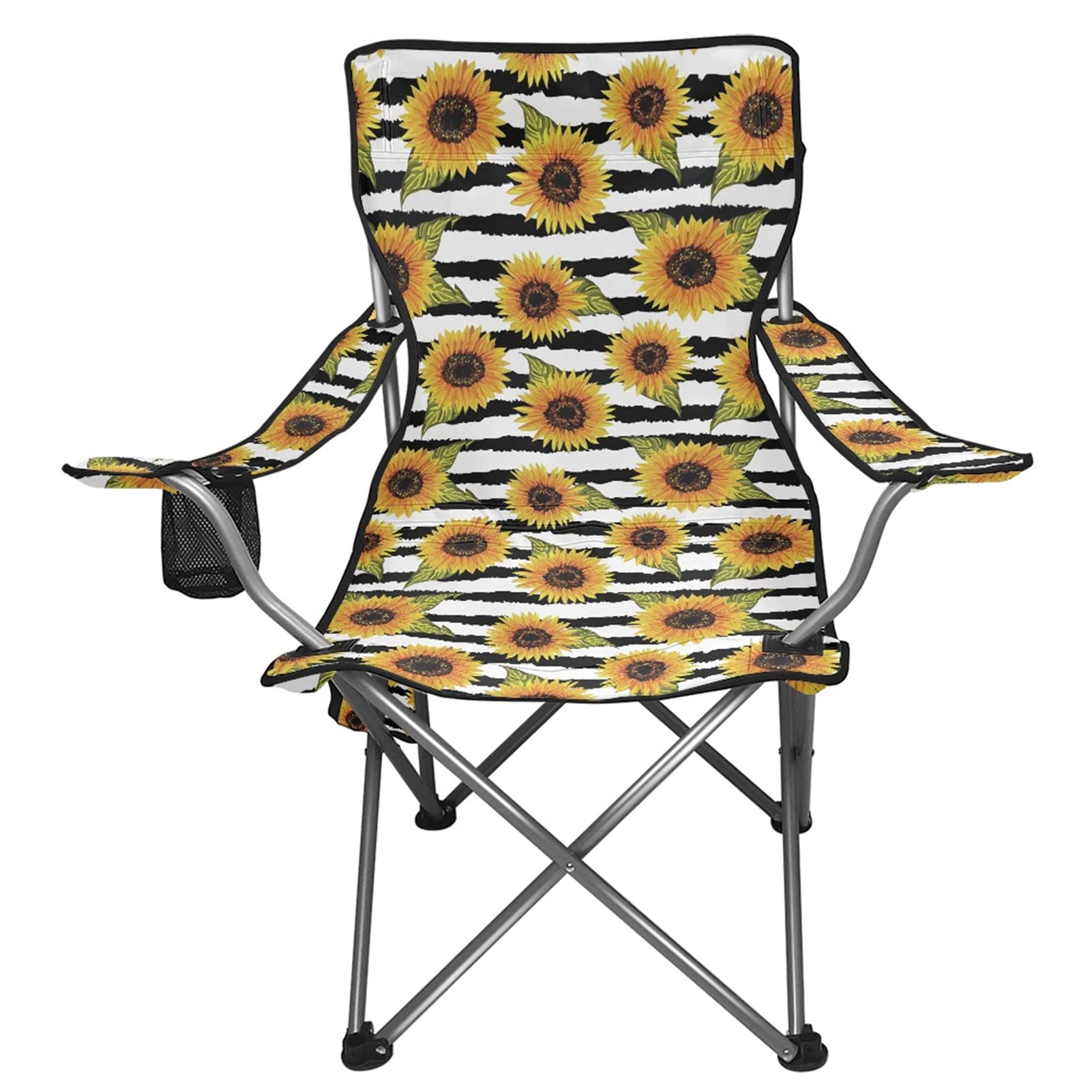 **Striped Sunflower Oversized Camping Chair for Adults – Heavy Duty 300 LBS Capacity, Folding Outdoor Lawn Chair with Cooler Bag, Cup Holder & Storage Pocket – Perfect for Beach, Picnic, Backyard & Camping**