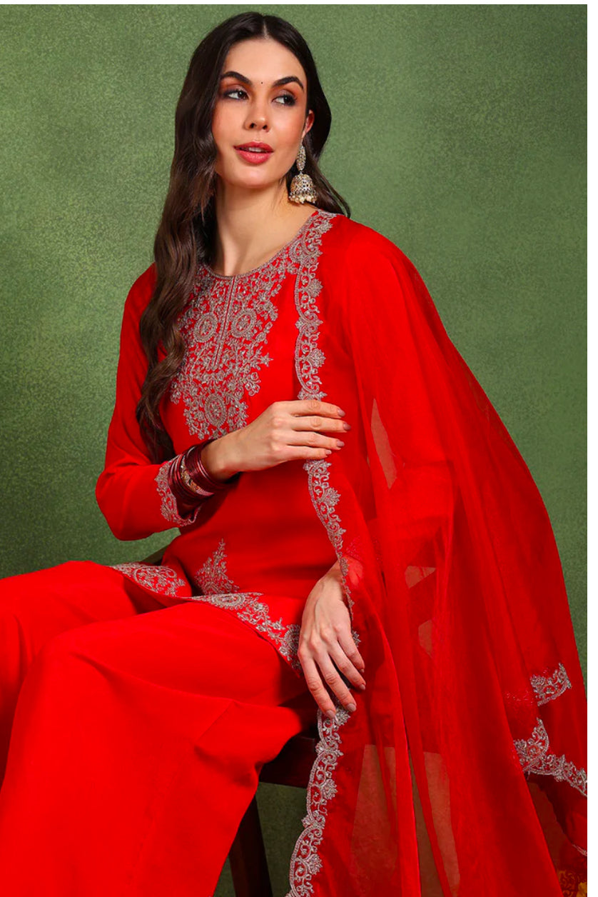 Elegant Red Silk Blend Embroidered Kurta Set for Women | Traditional Indian Ethnic Wear | Perfect for Festivals, Weddings & Special Occasions
