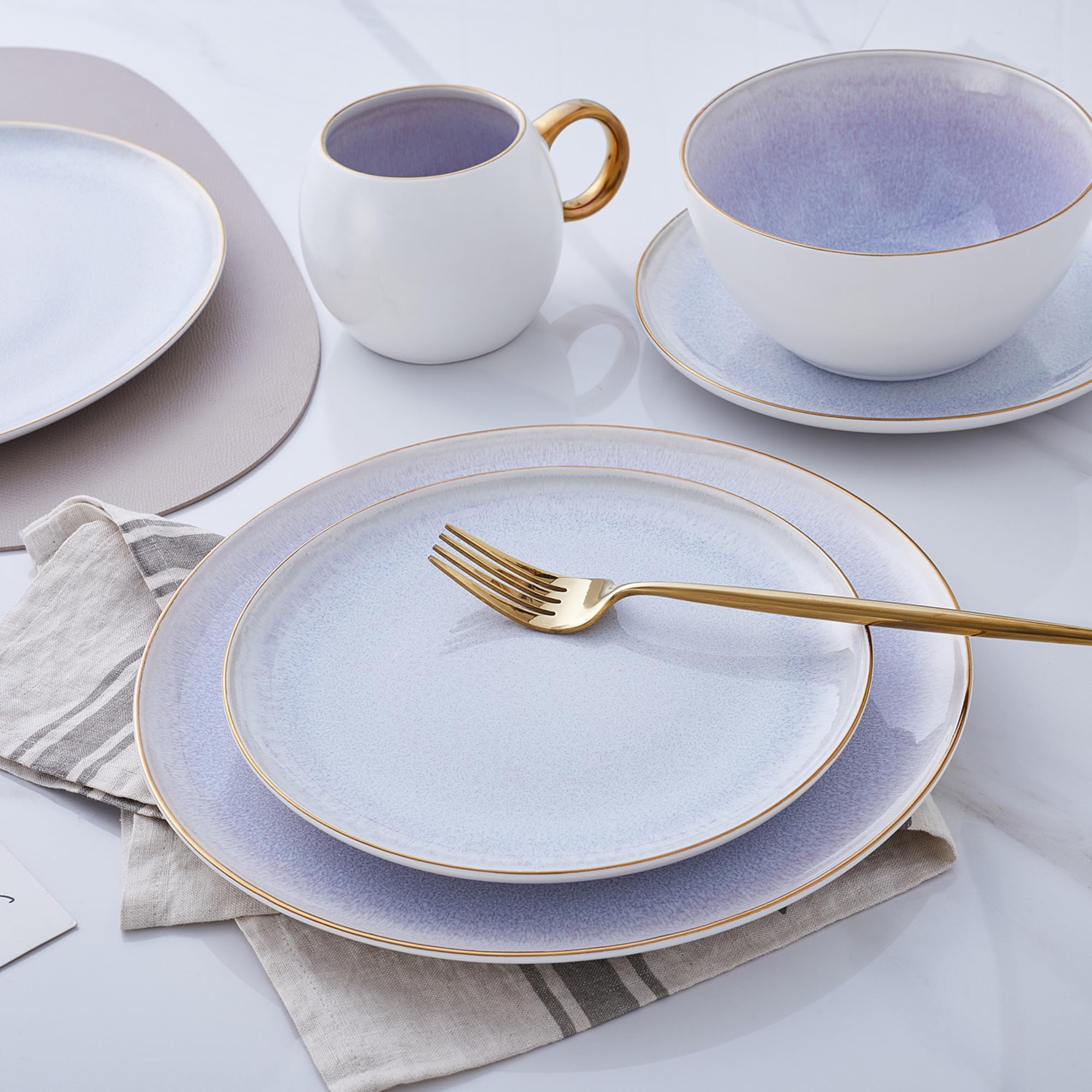 Luna Porcelain Dinnerware Set 16-Piece - 4-Person Lavender Stone Lain Dinner Plates, Bowls, Mugs & Saucers for Elegant Dining & Entertaining