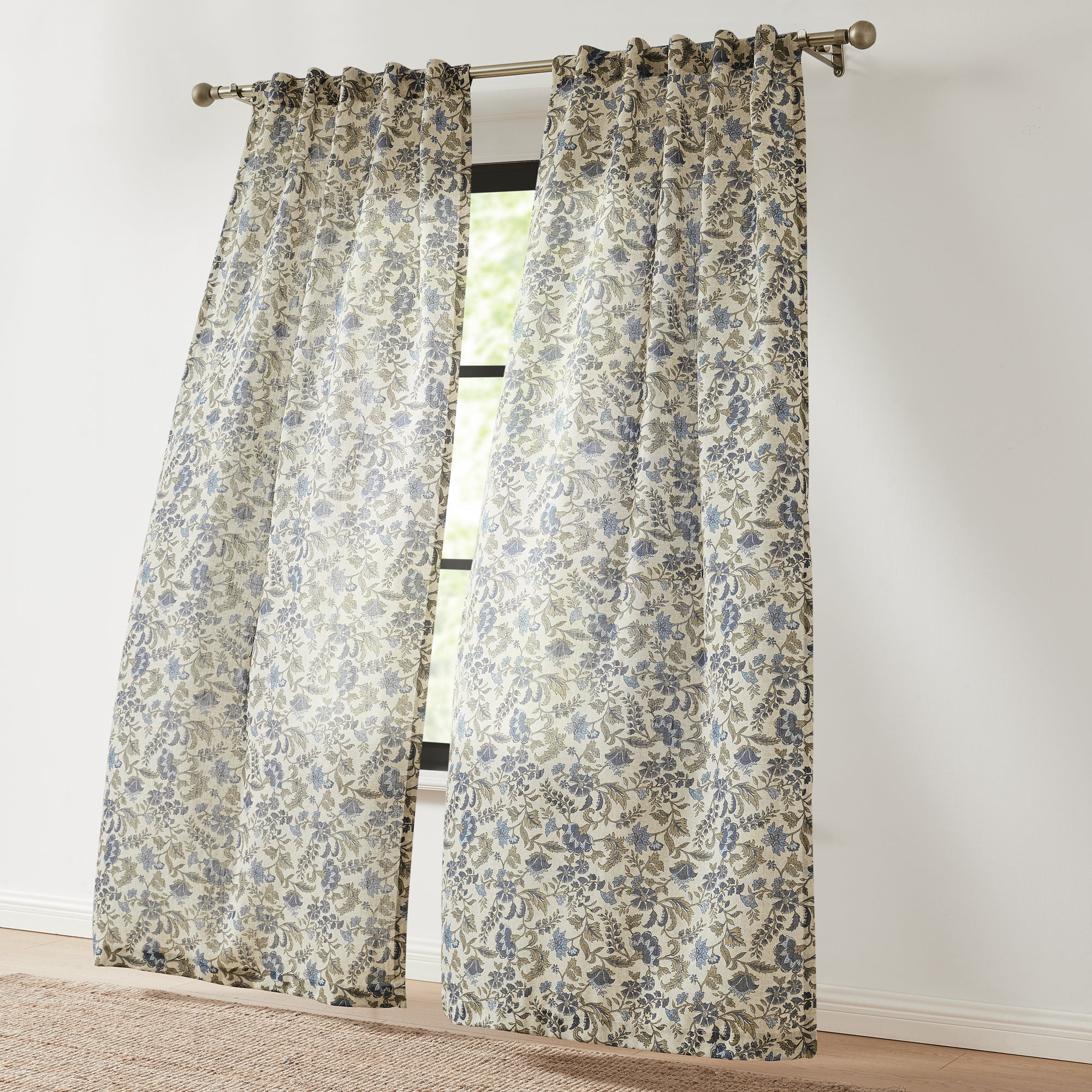 Lillian Block Print Linen Textured Window Curtain Panels - Elegant Boho Home Decor for Living Room & Bedroom