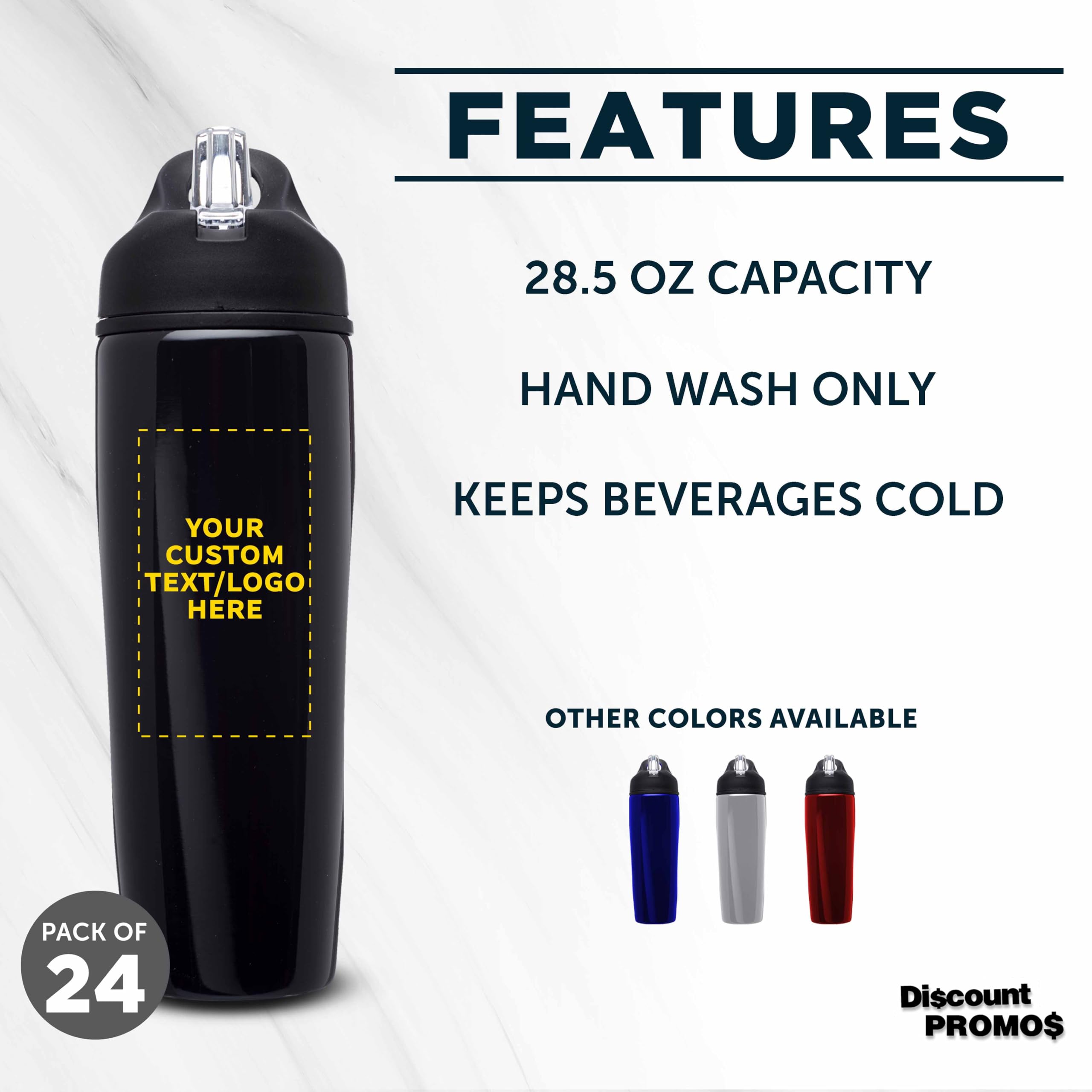 Custom Stainless Steel Water Bottle 24 Pack - Personalized Text & Logo - 28.5oz Metal Sports Bottles with Flip Top Lid - Easy Carry Handle - Black - Perfect for Team Sports, Gym, Outdoor Activities & Corporate Gifts