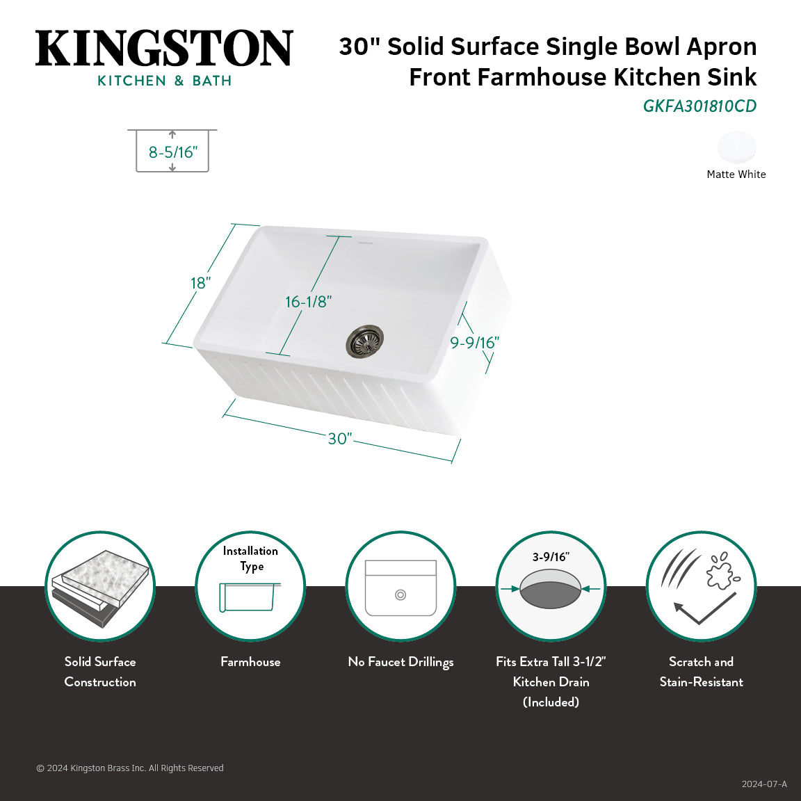 Arcticstone GKFA301810CD 30 Inch White Farmhouse Kitchen Sink - Matte Finish Solid Surface Apron Front Single Bowl with Strainer | Perfect for Modern Farmhouse & Rustic Kitchen Designs