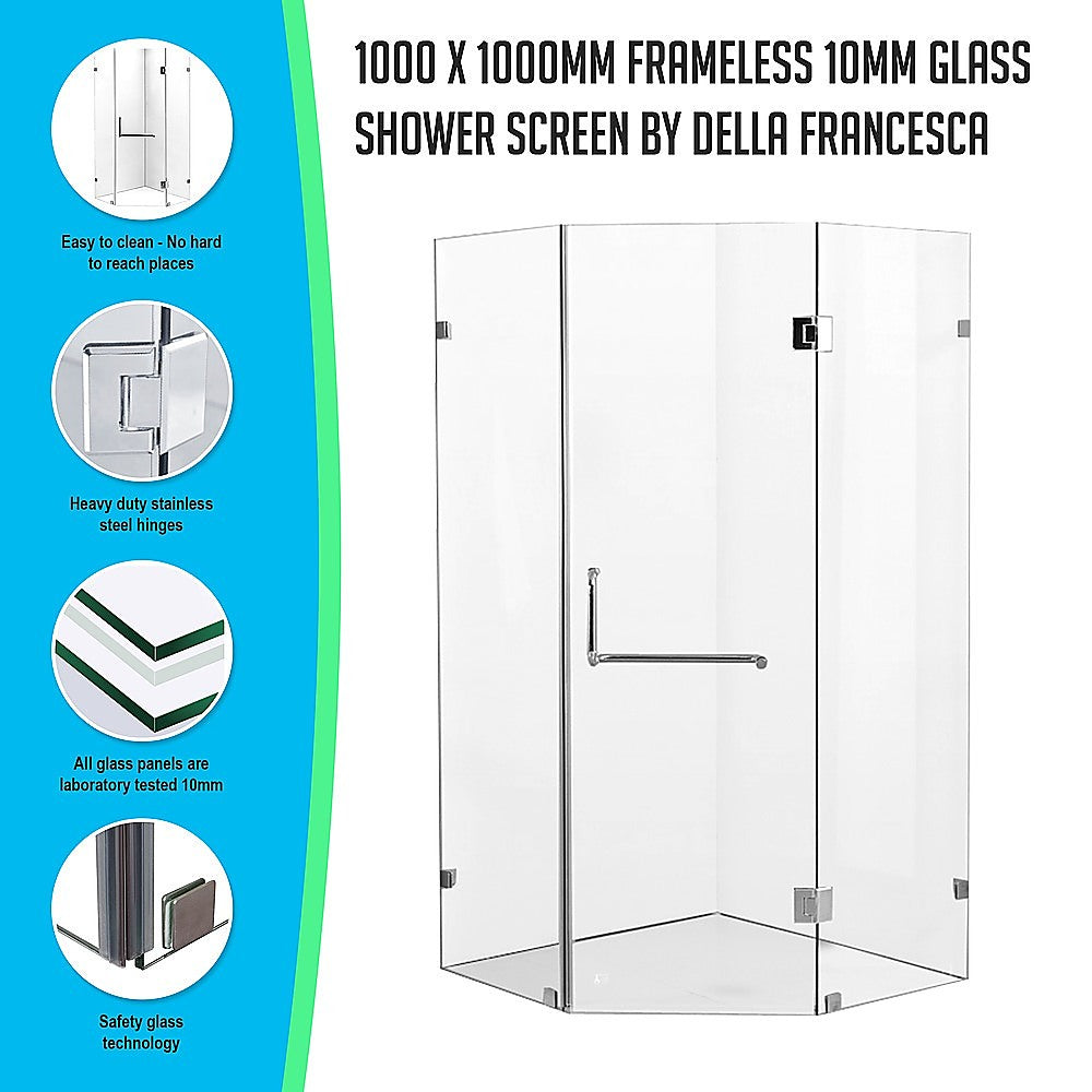10mm Frameless Glass Shower Screen 1000x1000mm - Premium Bathroom Upgrade by Della Francesca - Perfect for Modern Walk-in Showers and Spa-like Bathrooms