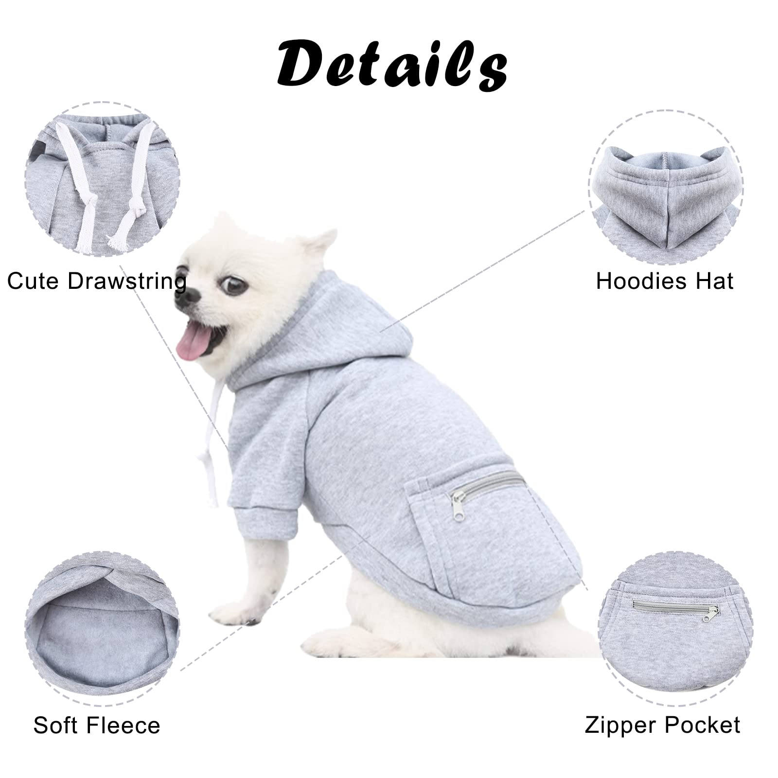 Dog Hoodie with Zipper Pocket & Drawstring - Fashionable Pet Sweater for Small Breed Dogs & Cats - Soft & Comfortable Puppy Clothes (Grey, Small) - Perfect for Outdoor Walks, Winter Wear & Pet Fashion