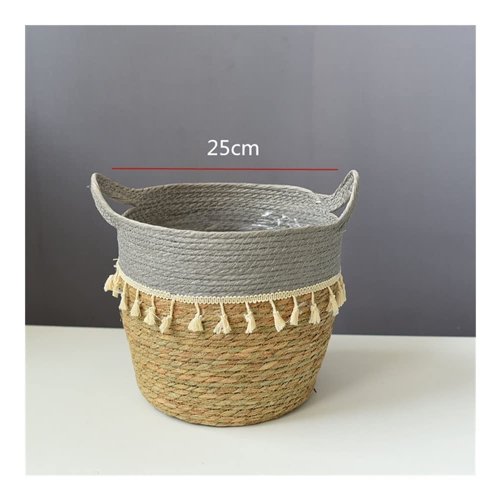 Nordic Rattan Storage Basket - Gray 25cm with Tassel, Woven Straw Floor Basket for Home Decor, Plant Pot Holder, Living Room & Bedroom Organization - Perfect for Boho Style Home, Farmhouse Decor, and Indoor Plant Display