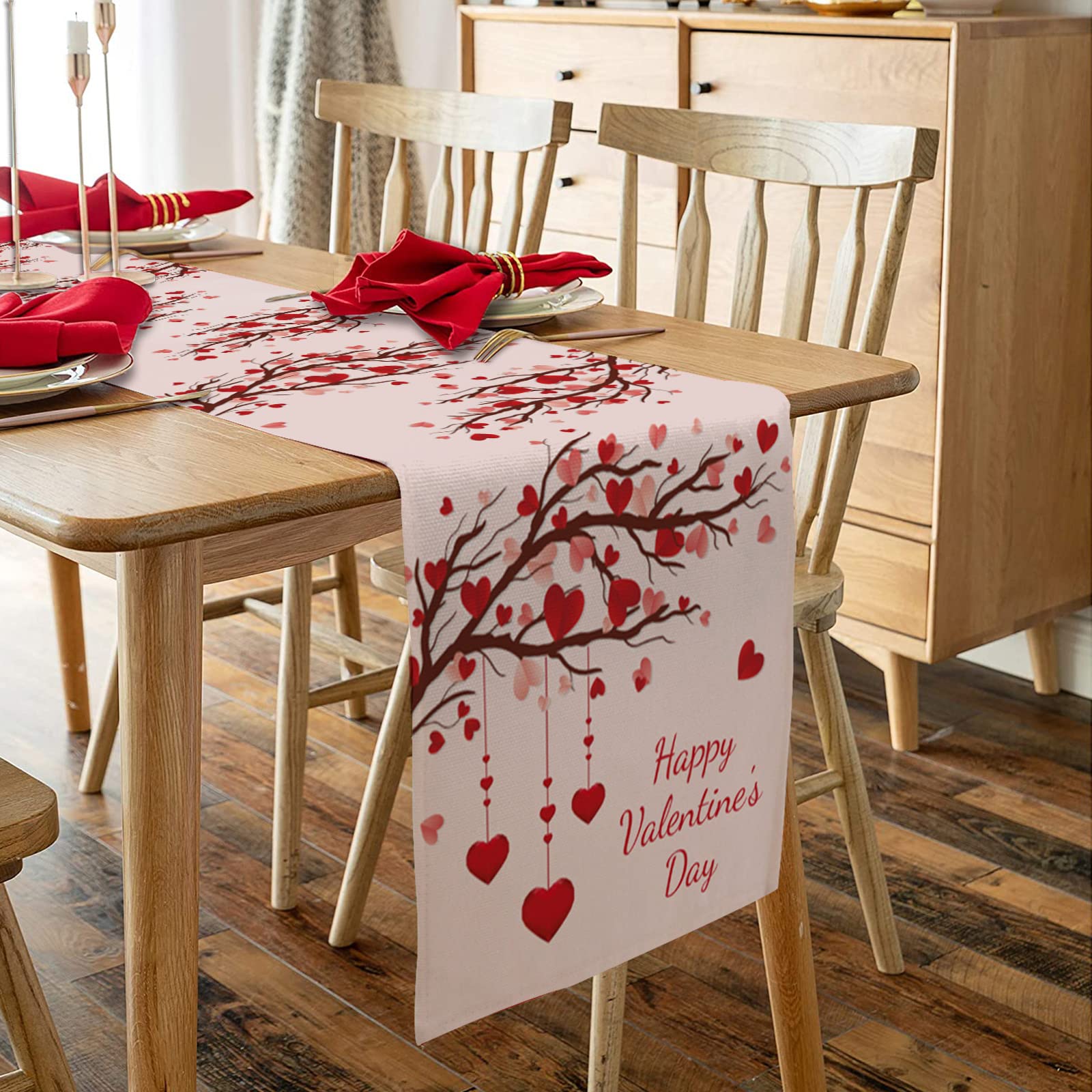 Valentine's Day Table Runner 90 Inches Long - Pink Cotton Linen Tablecloth for Coffee Table, Wedding, Party & Dining Decor - Romantic Heart Tree Design - Perfect for Valentine's Decor, Anniversary Gifts & Holiday Table Settings