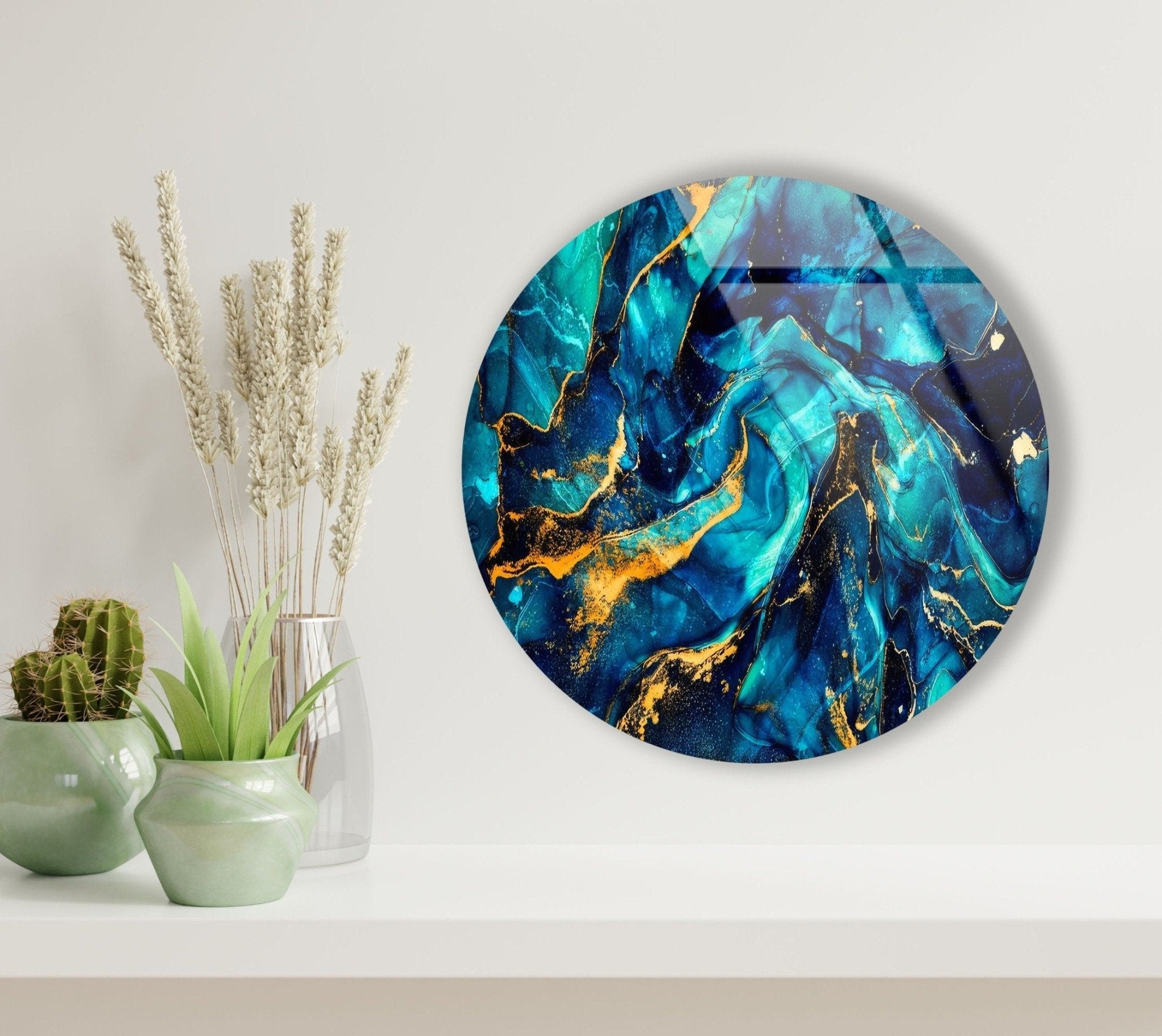 Abstract Round Dark Blue & Gold Glass Wall Art - Modern Home Decor for Living Room, Bedroom & Office - Handmade Glass Wall Sculpture for Unique Interior Design