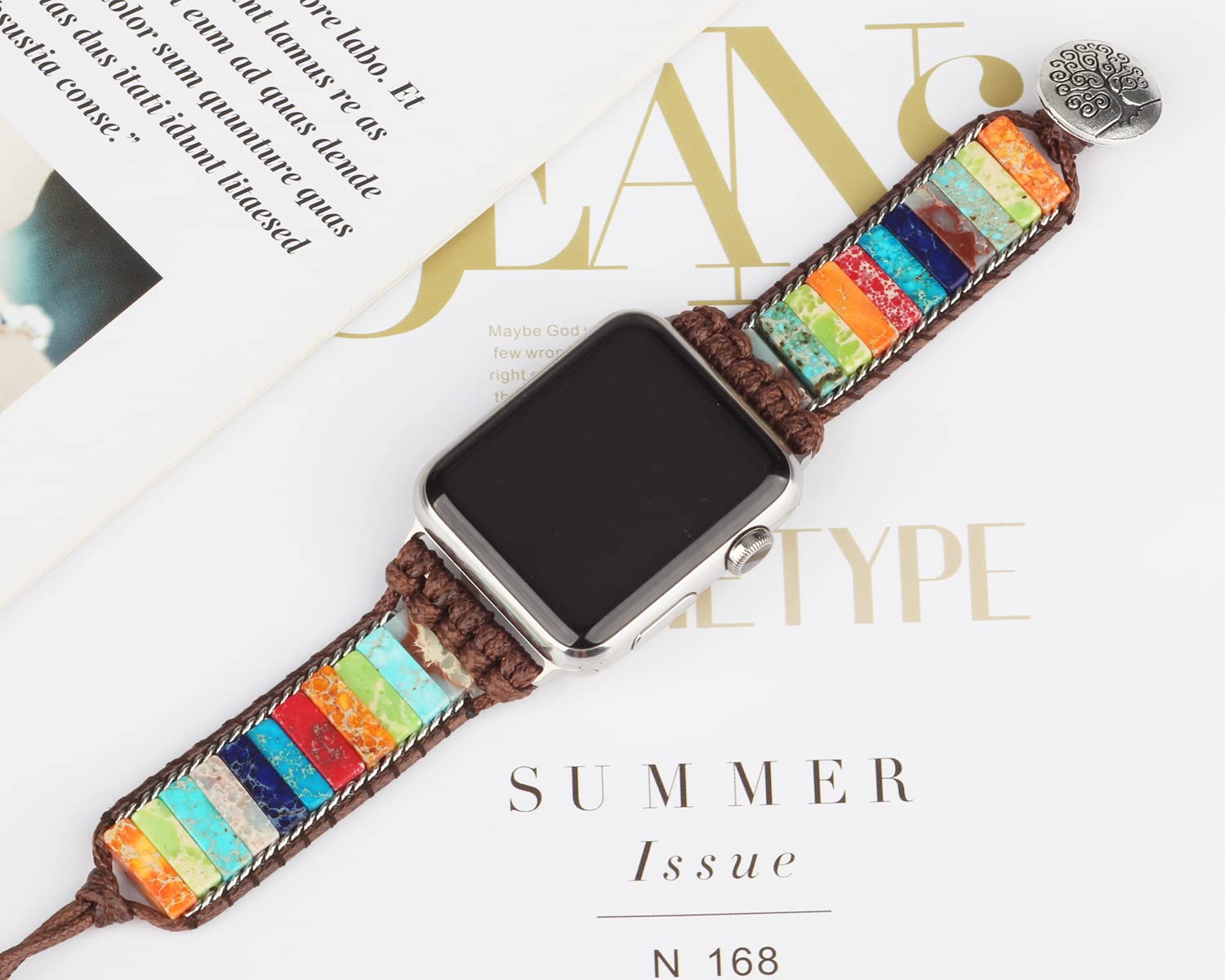 Handmade Boho Natural Stone Apple Watch Band - Compatible with 38mm 40mm 41mm 42mm 44mm 45mm 49mm Ultra & All Series (SE/SE2/8/7/6/5/4/3/2/1) - Stylish Unisex Bracelet Replacement for Workout, Office & Casual Wear